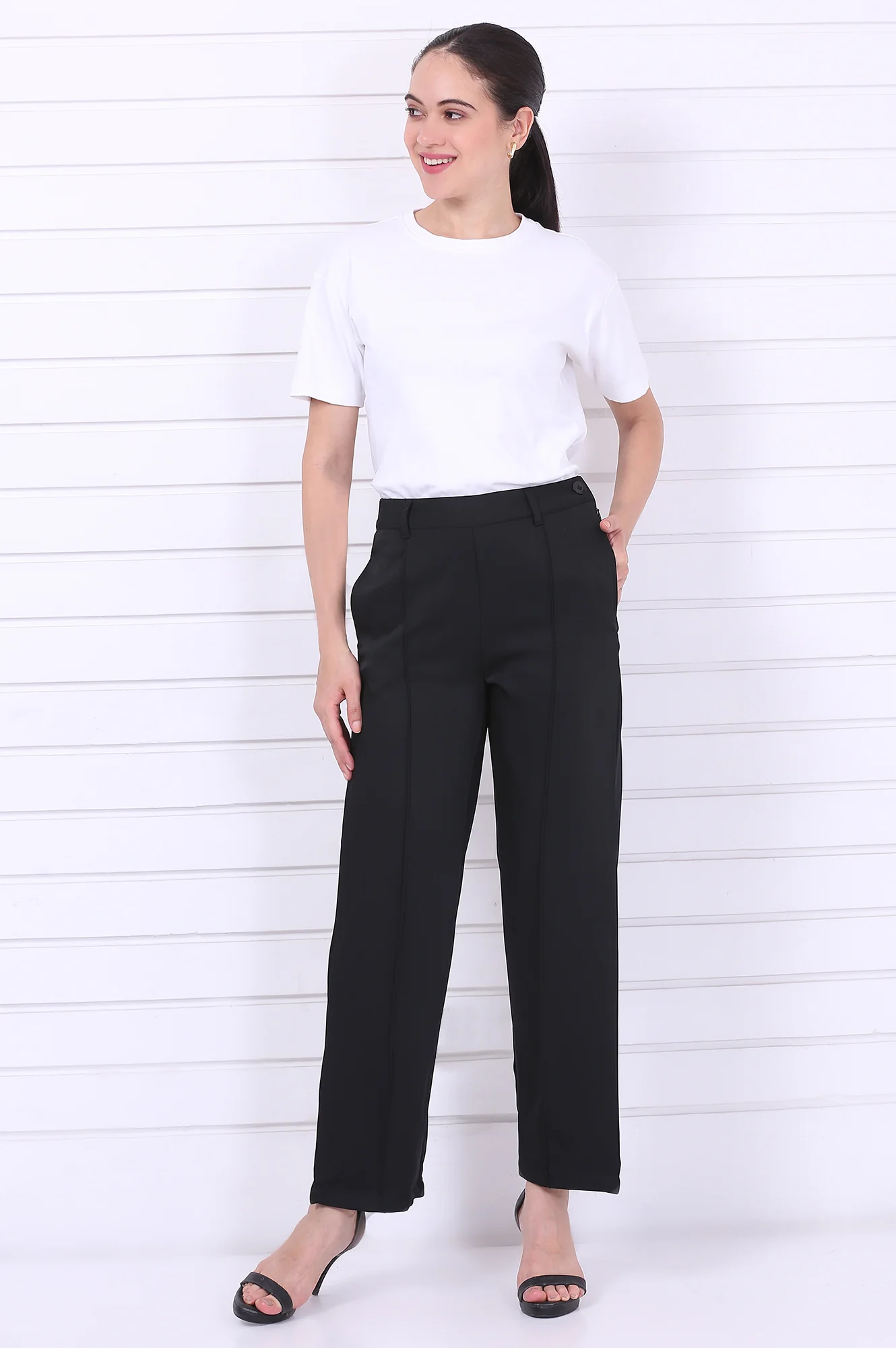 Black Solid Straight Parallel Pants with YKK Zipper