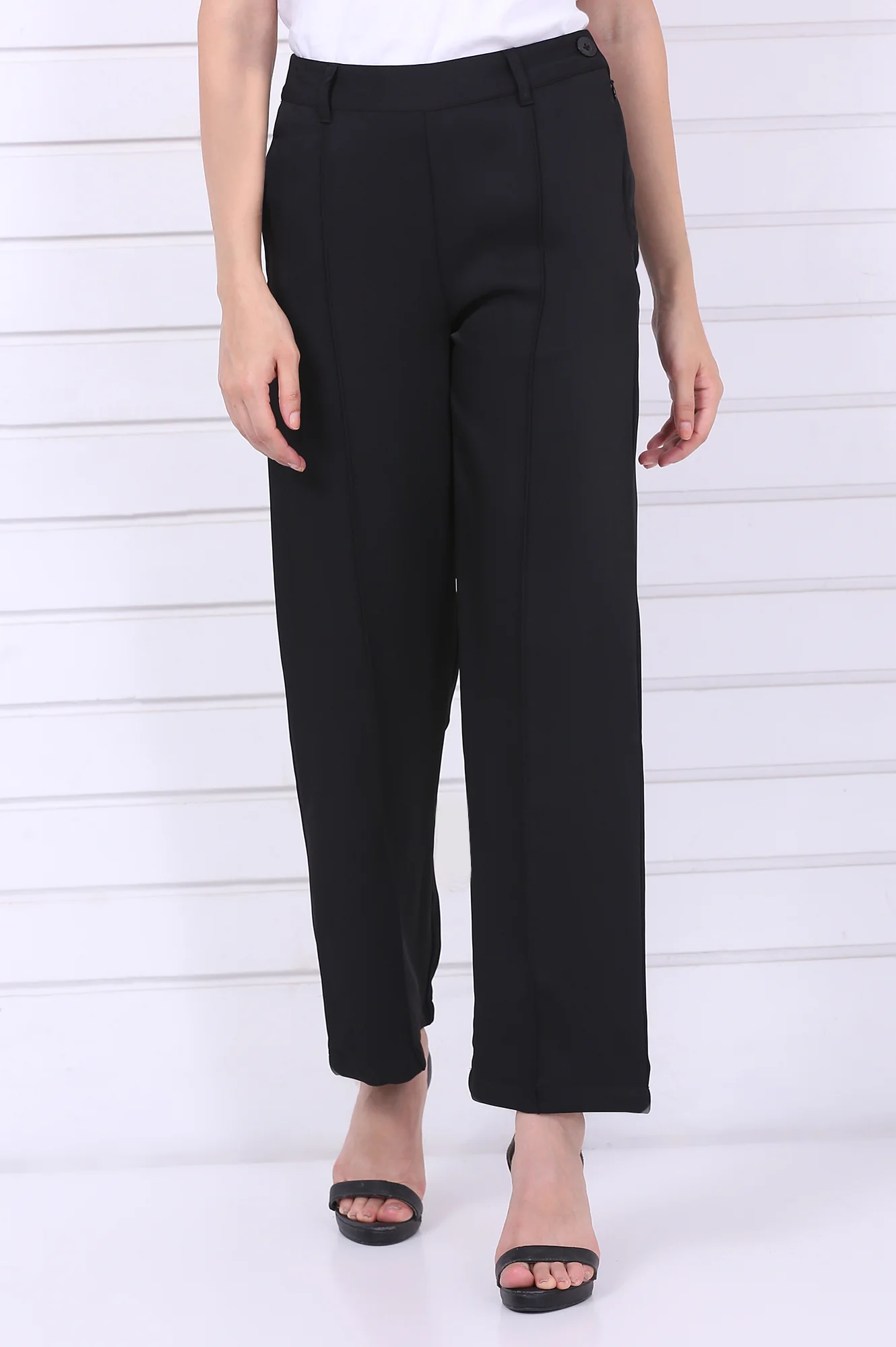 Black Solid Straight Parallel Pants with YKK Zipper - Image 2