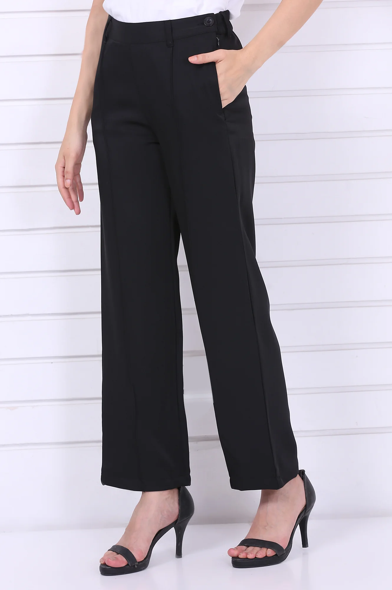 Black Solid Straight Parallel Pants with YKK Zipper - Image 3