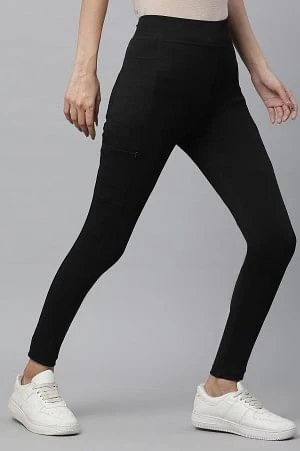 Black Solid Skinny Fit Tights With Elasticated Waist - Image 4
