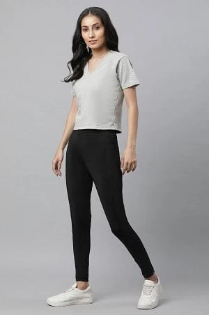 Black Solid Skinny Fit Tights With Elasticated Waist - Image 5
