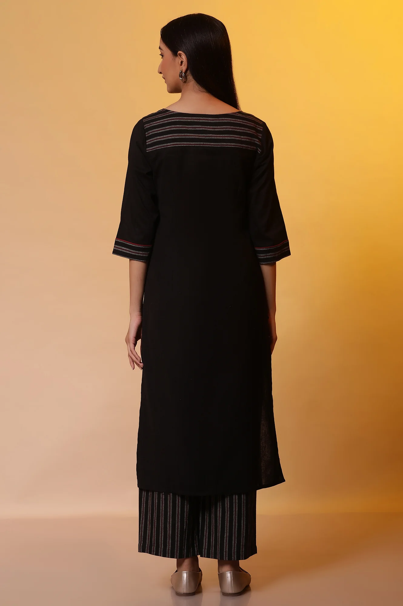 Black Straight Kurta with Striped Palazzo Pants - Image 4