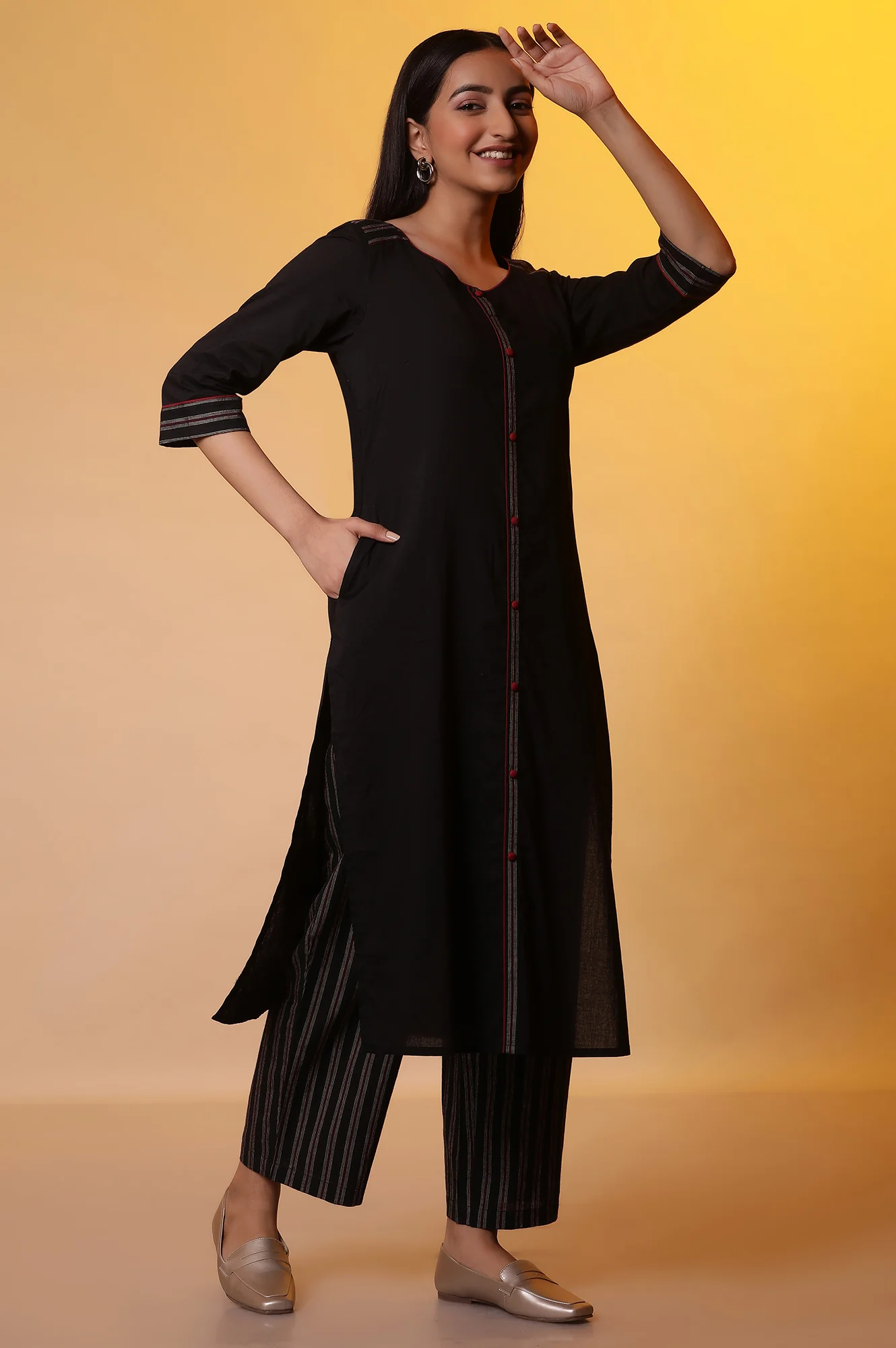 Black Straight Kurta with Striped Palazzo Pants - Image 5
