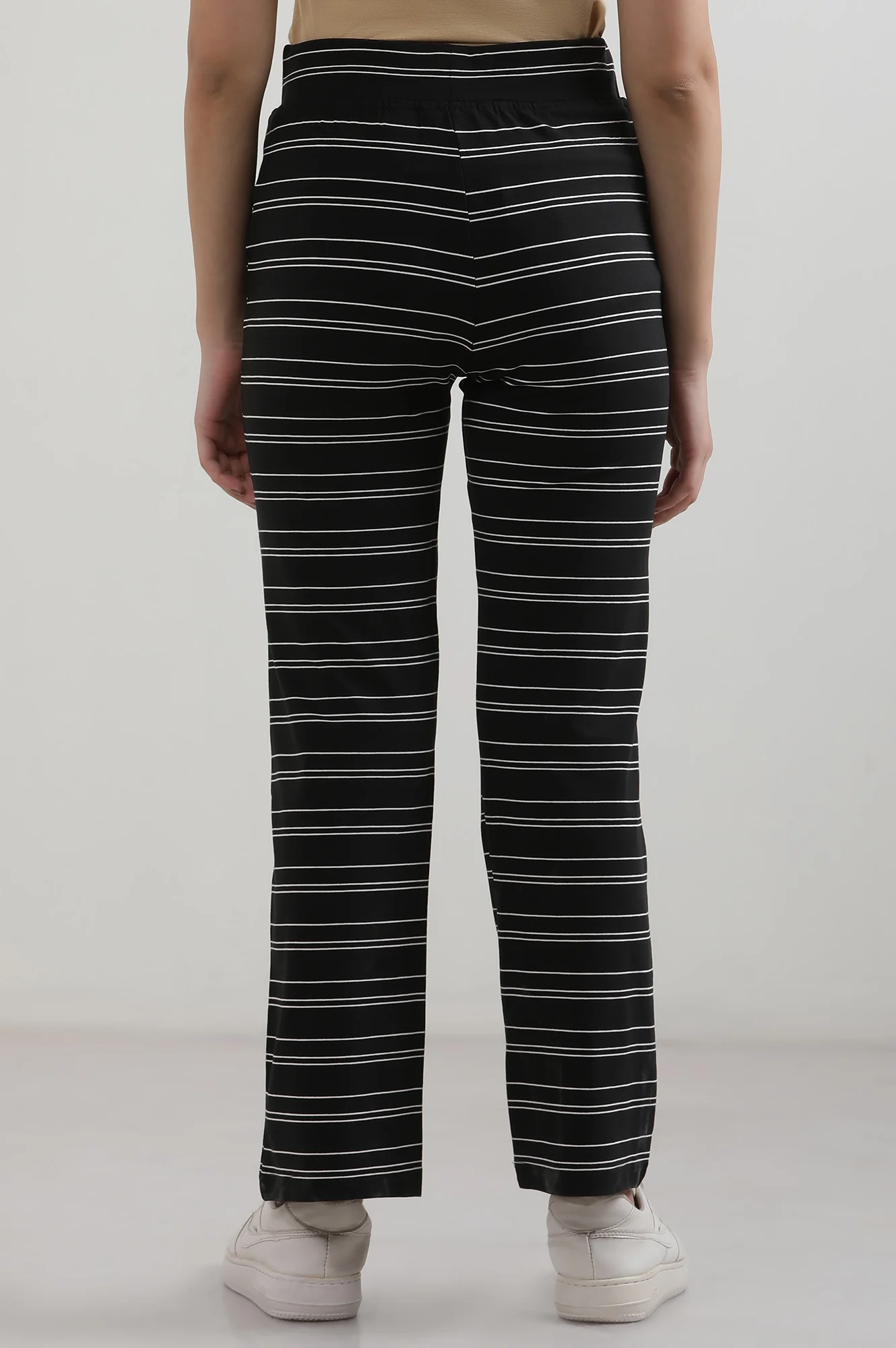 Black Striped Straight Fit Cotton Pants With Slip On Closure - Image 4