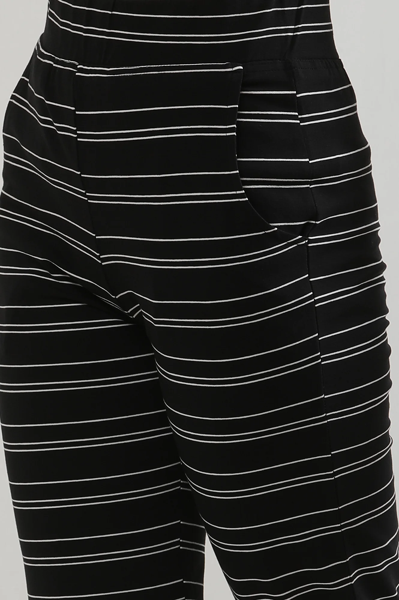 Black Striped Straight Fit Cotton Pants With Slip On Closure - Image 7