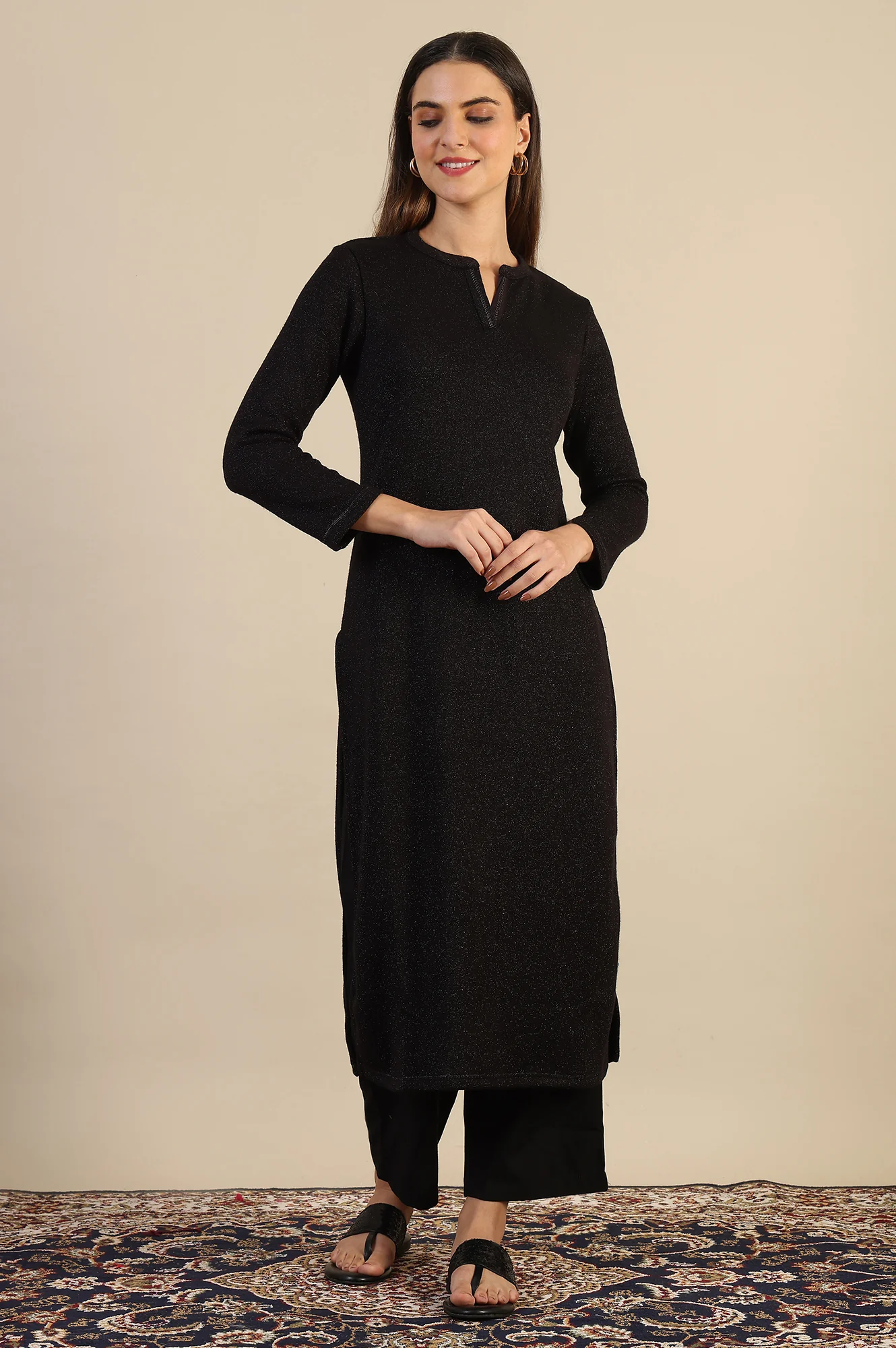 Black Yarn Dyed Straight Kurta - Image 2
