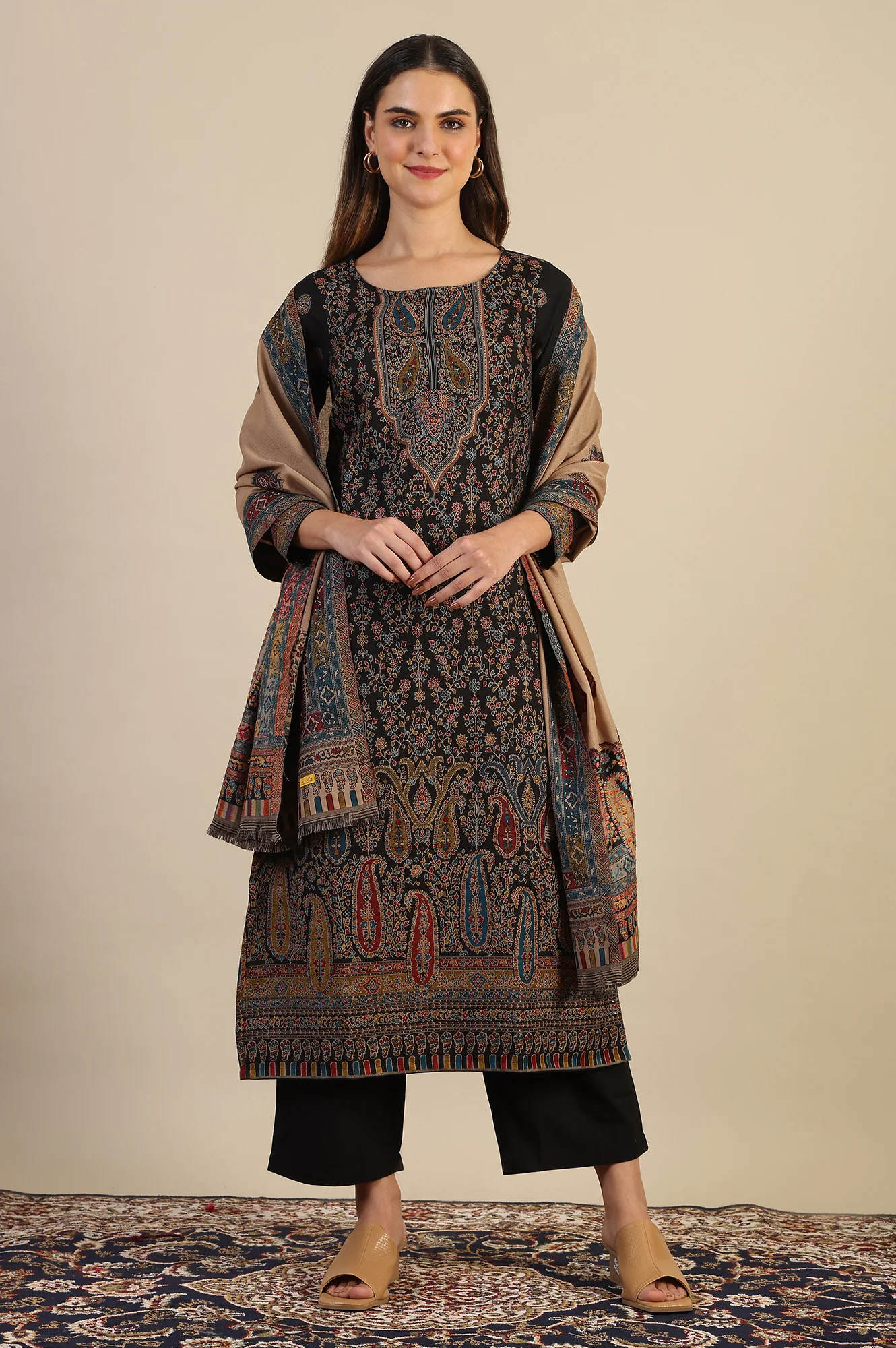 Black Yarn Dyed Straight Kurta & Straight pant with Shawl Set - Image 2