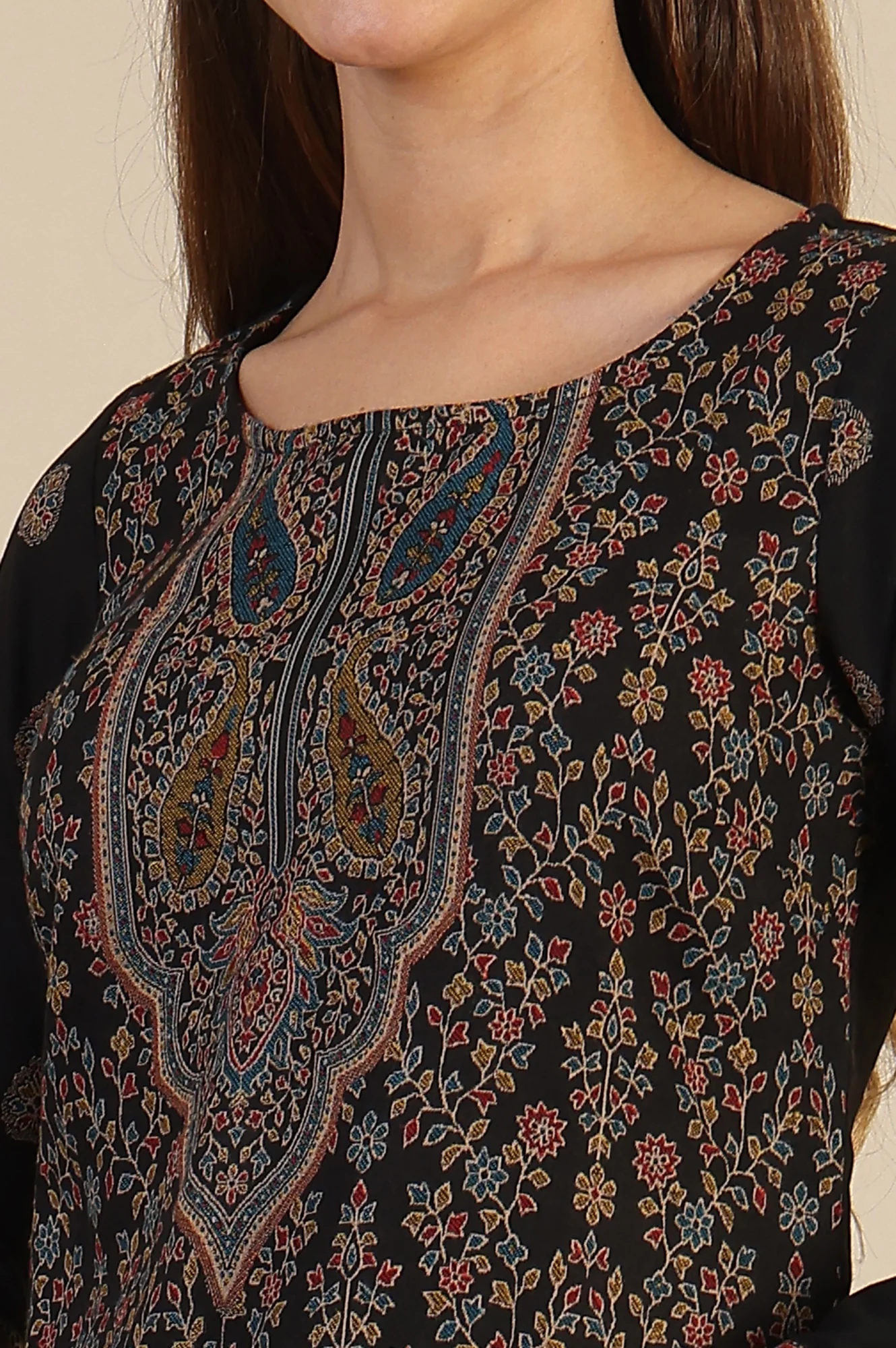 Black Yarn Dyed Straight Kurta & Straight pant with Shawl Set - Image 3