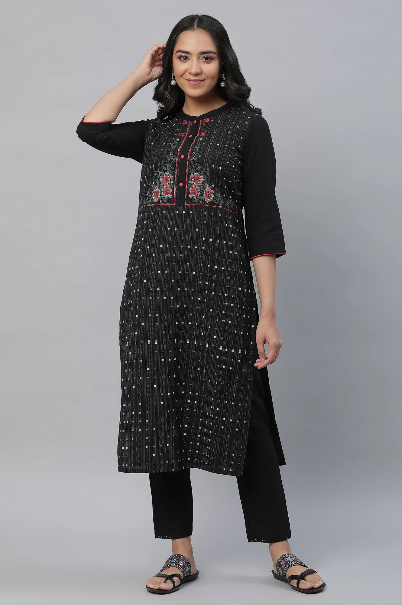 Black Yoke Printed Cotton Blend Kurta - Image 2