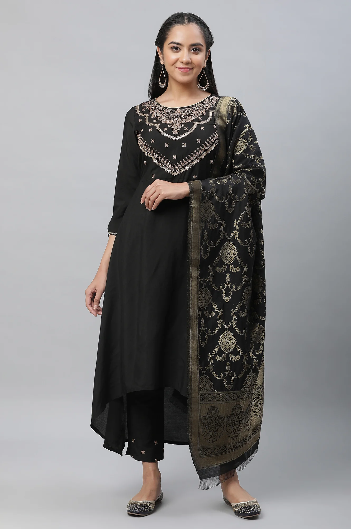 Black Zari Embellished Kurta Pants Dupatta Set - Image 2
