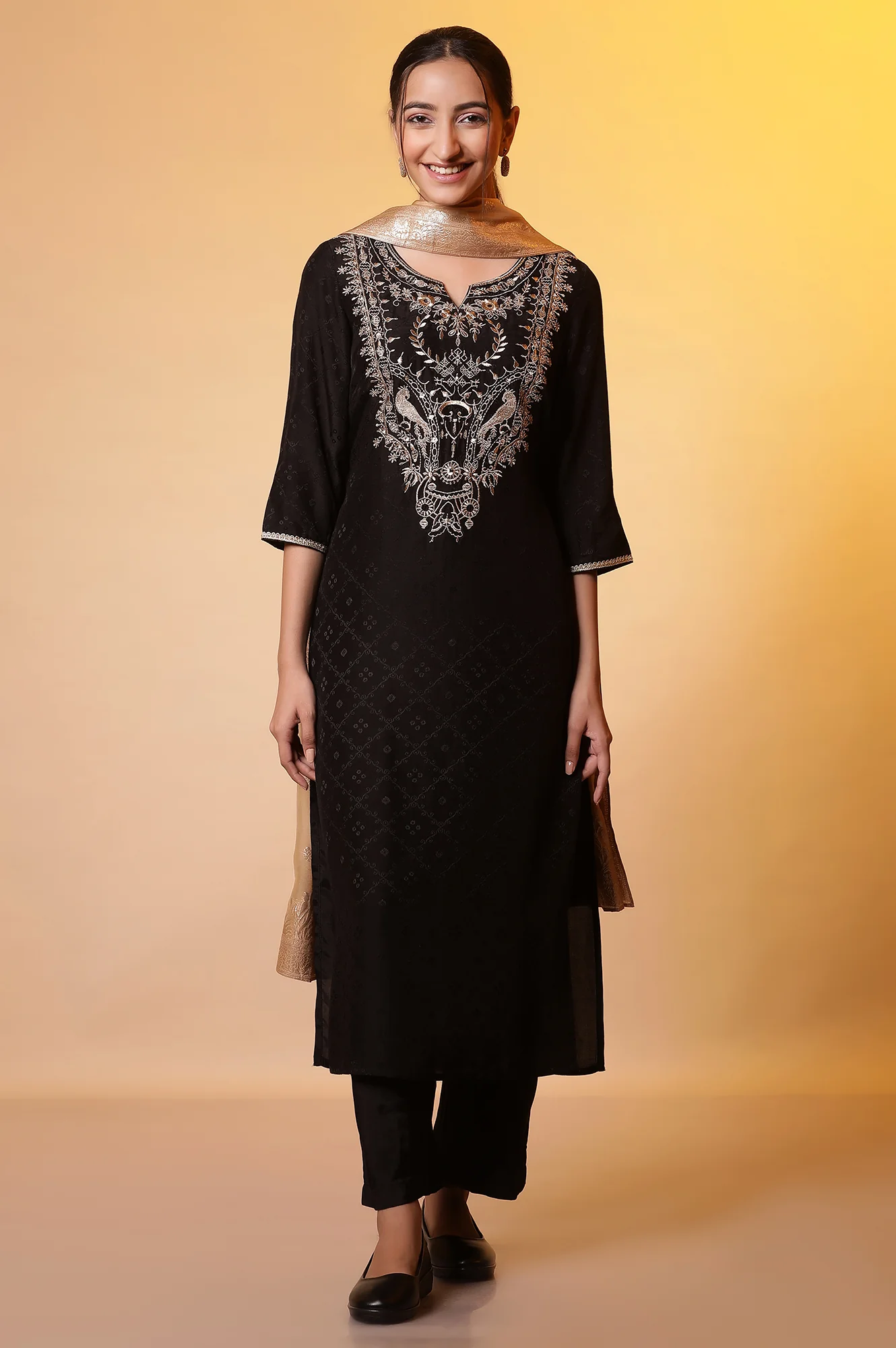 Black Zari Embroidered Kurta, Palazzo and Dupatta Set - Image 2