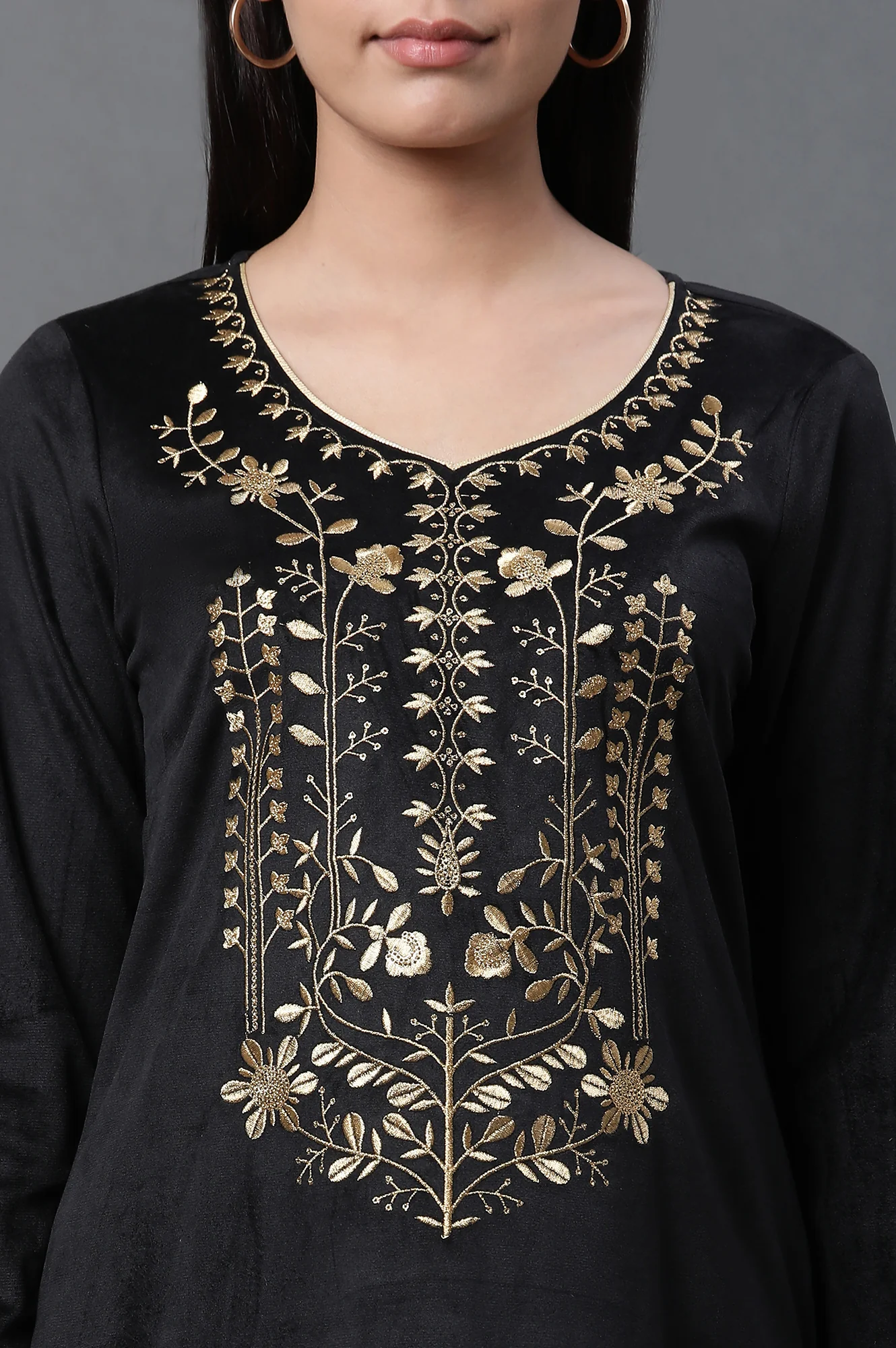 Black Zari Embroidered Velvet Kurta and Pants Set - Image 6