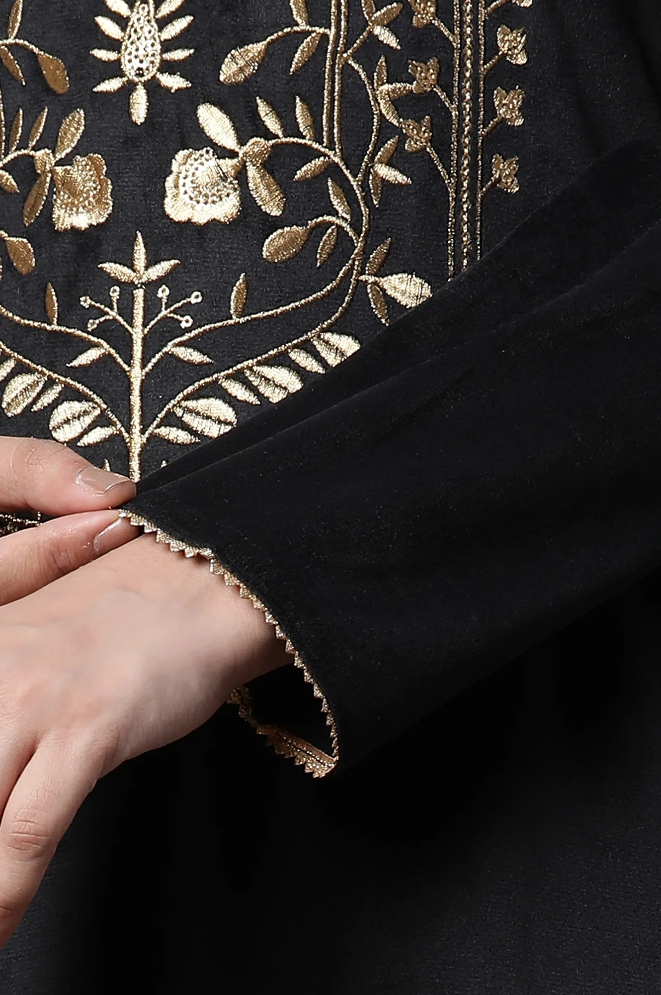 Black Zari Embroidered Velvet Kurta and Pants Set - Image 7