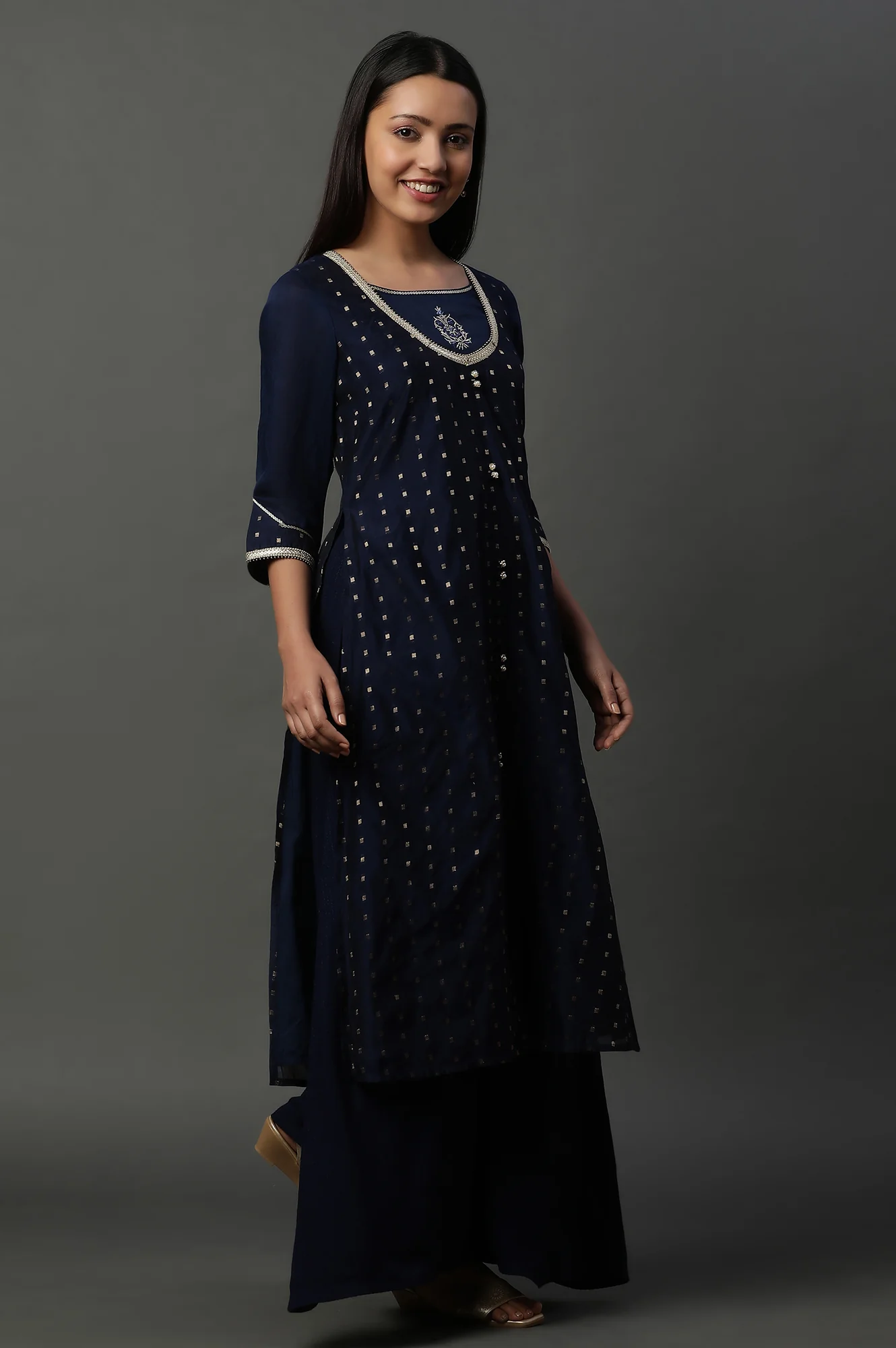 Blue A-line Jacquard Kurta, Palazzos and Dupatta Set - Image 3