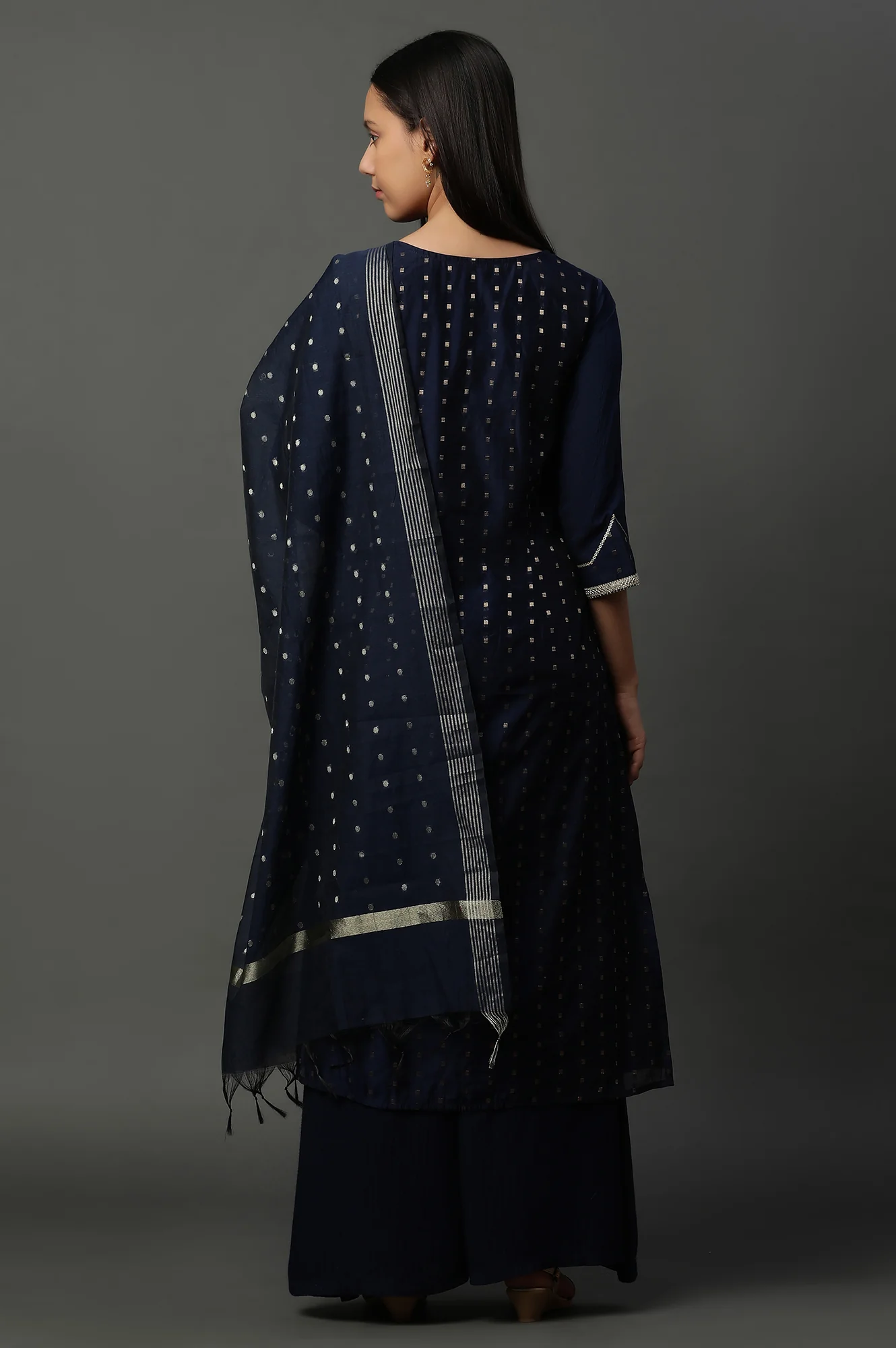 Blue A-line Jacquard Kurta, Palazzos and Dupatta Set - Image 4