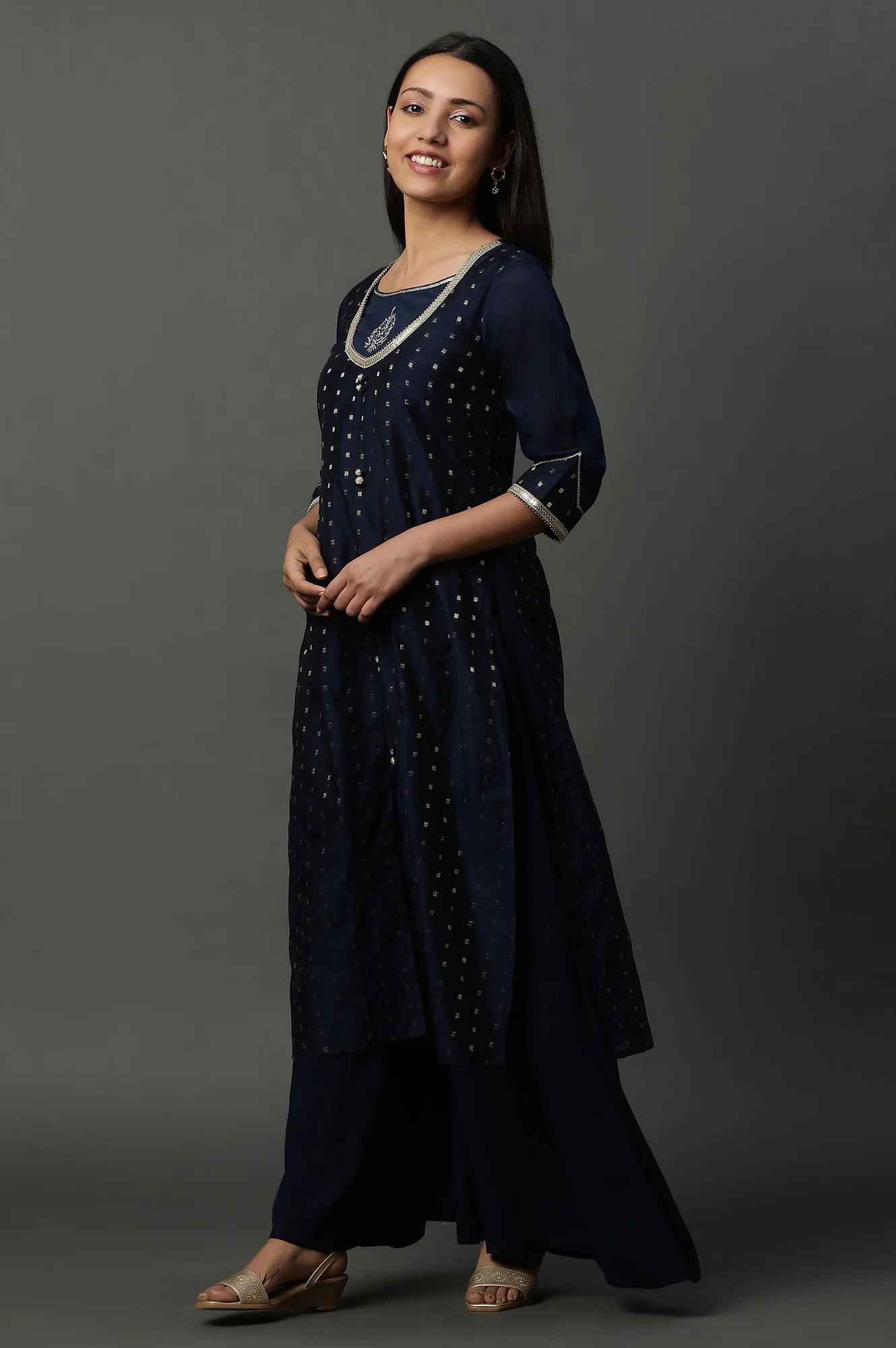 Blue A-line Jacquard Kurta, Palazzos and Dupatta Set - Image 5