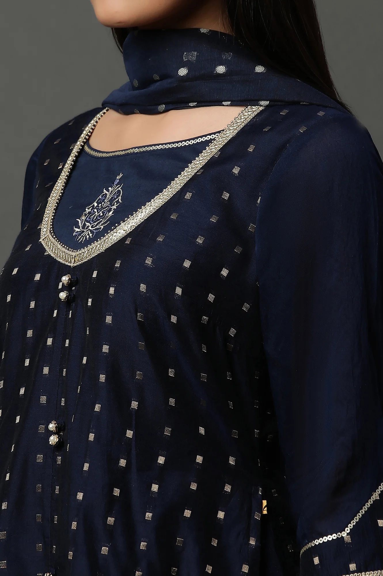 Blue A-line Jacquard Kurta, Palazzos and Dupatta Set - Image 7