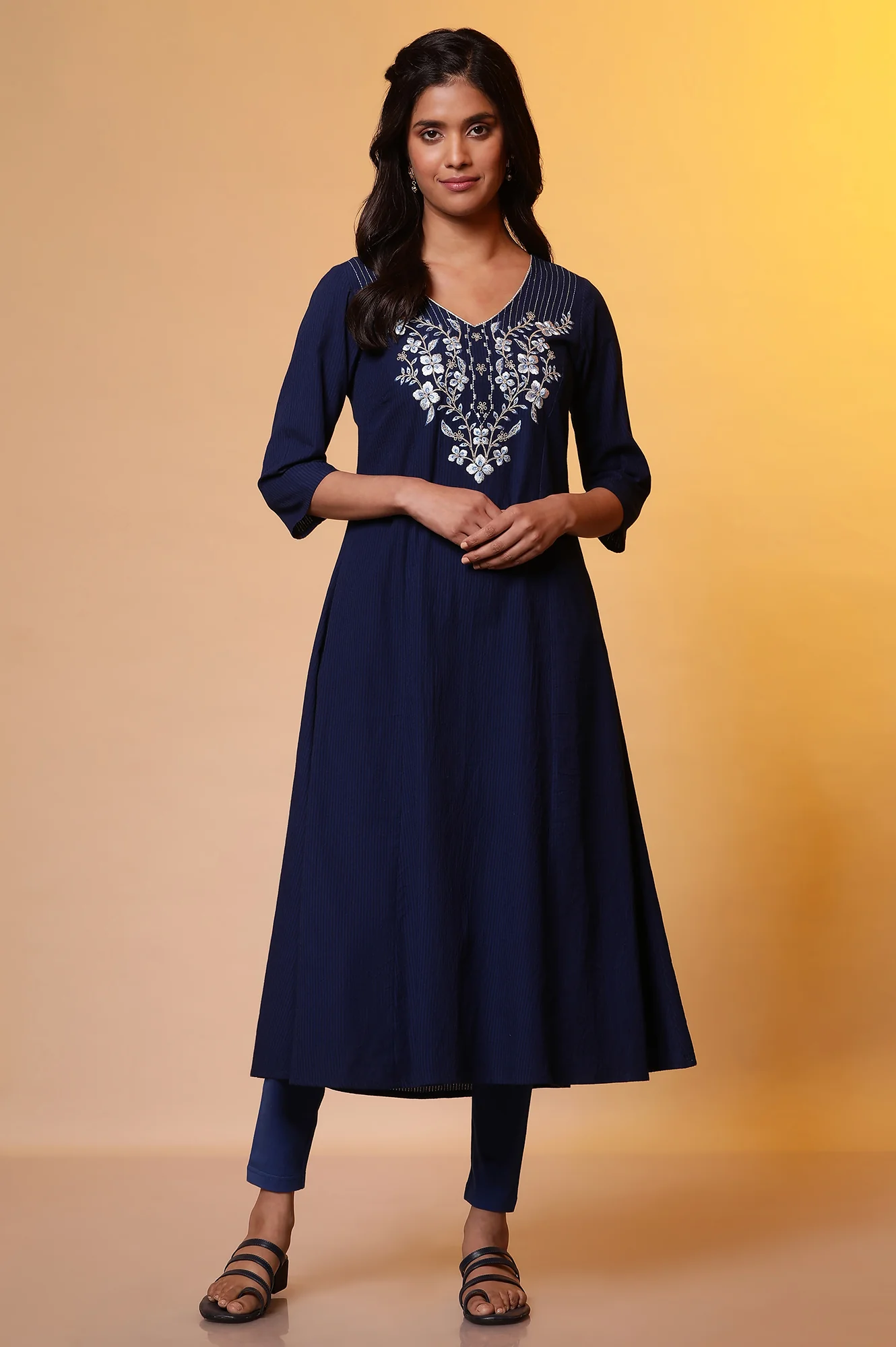 Blue A-line Striped Embroidered Kurta - Image 2