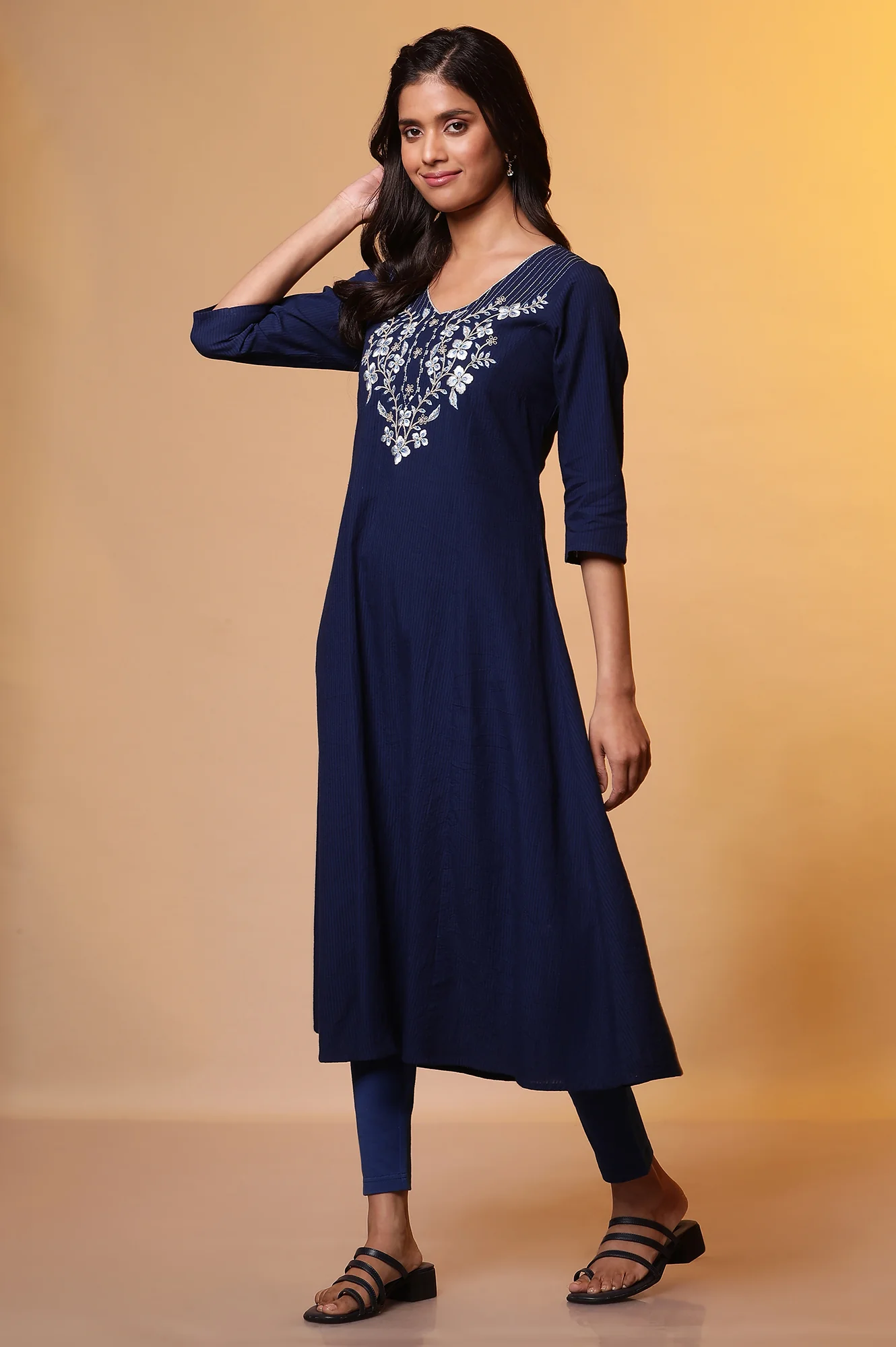 Blue A-line Striped Embroidered Kurta - Image 3