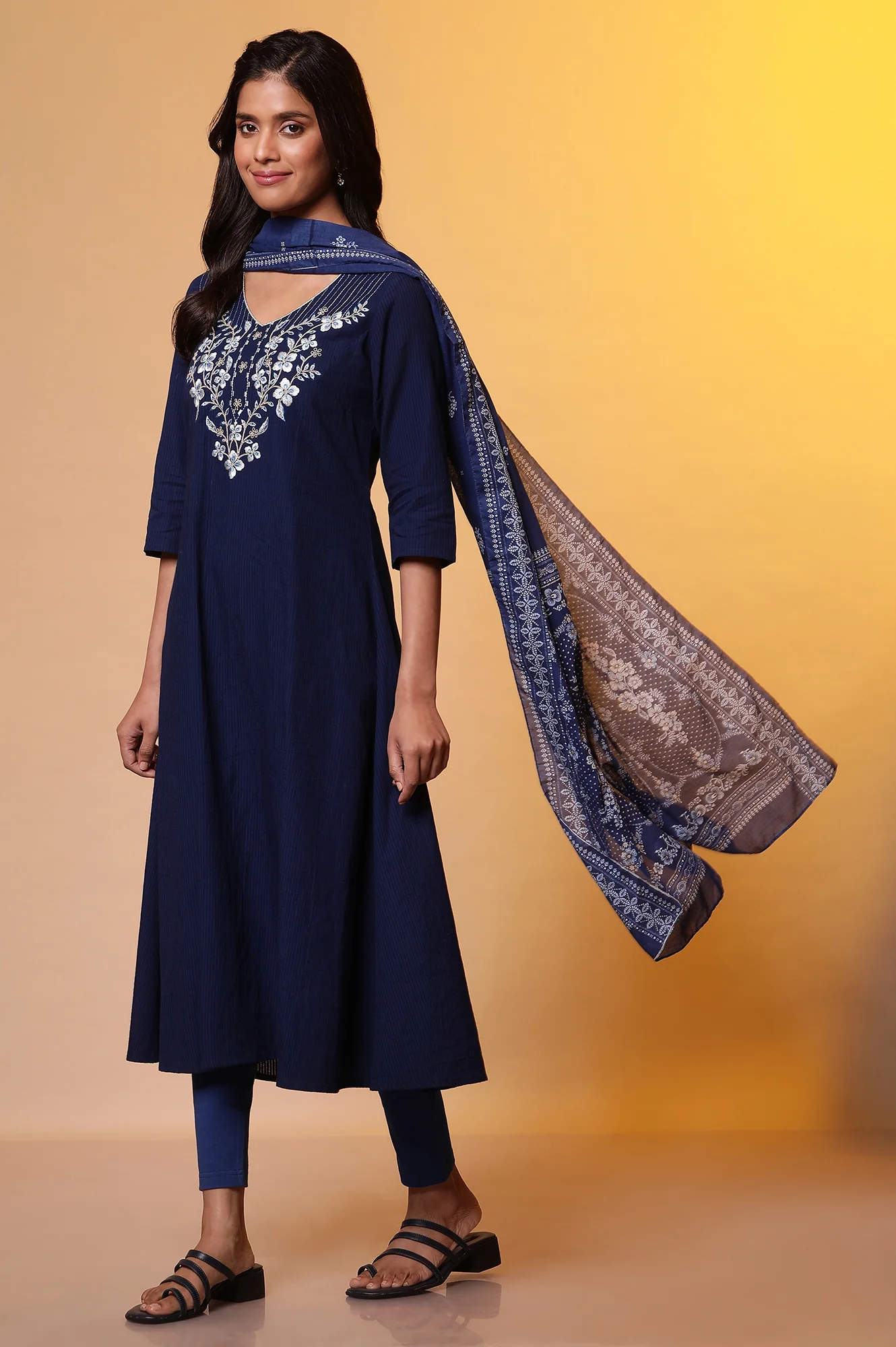 Blue A-line Striped Embroidered Kurta - Image 6