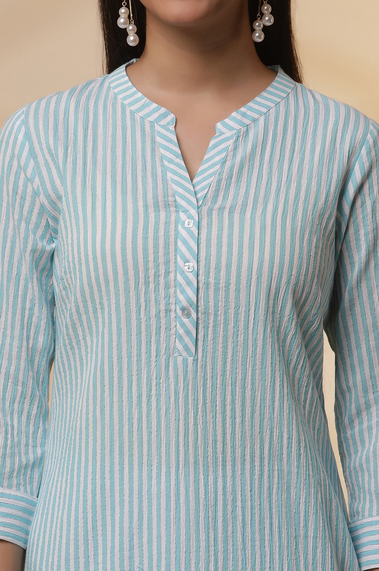 Blue and White Striped Cotton Kurex Kurta and Tight Set - Image 6