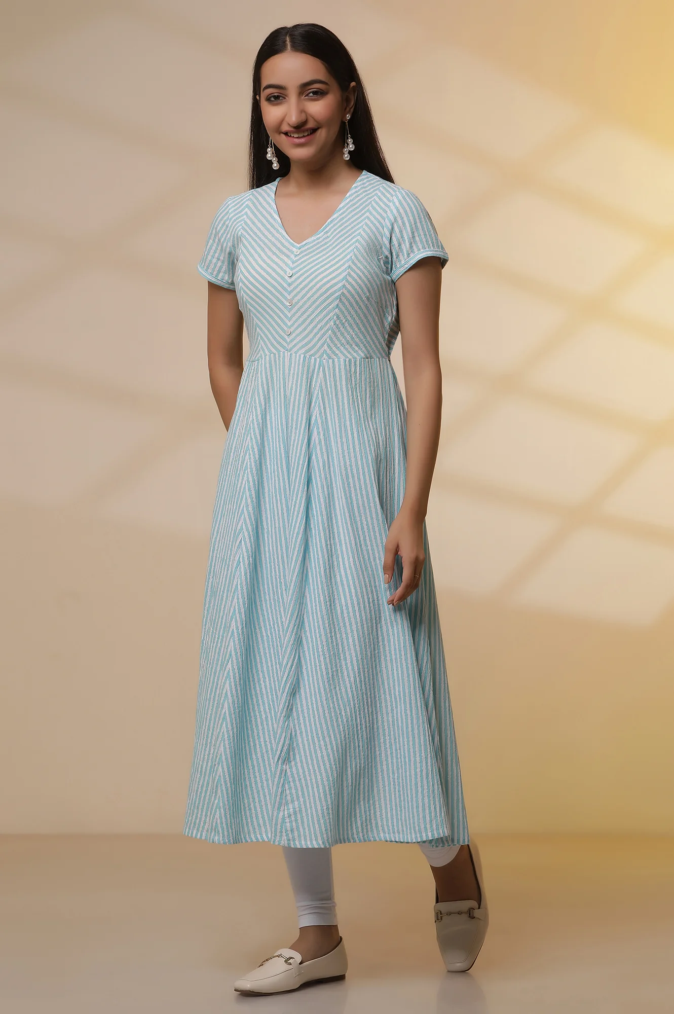 Blue and White Striped Cotton Lurex Flared Kurta and Tights Set - Image 3