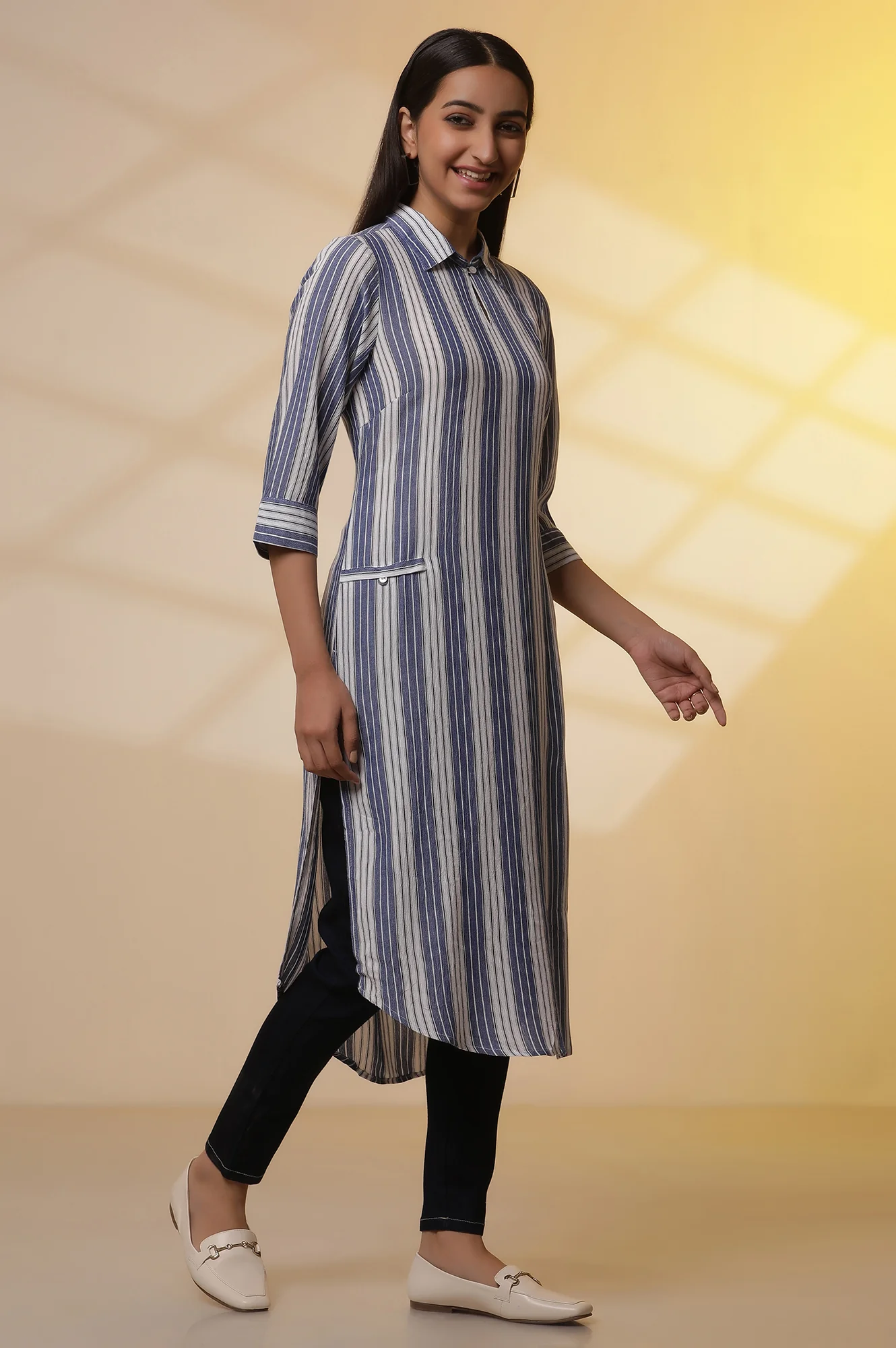 Blue and white Striped Shirt Collar Kurta and Denim Jeggings - Image 5