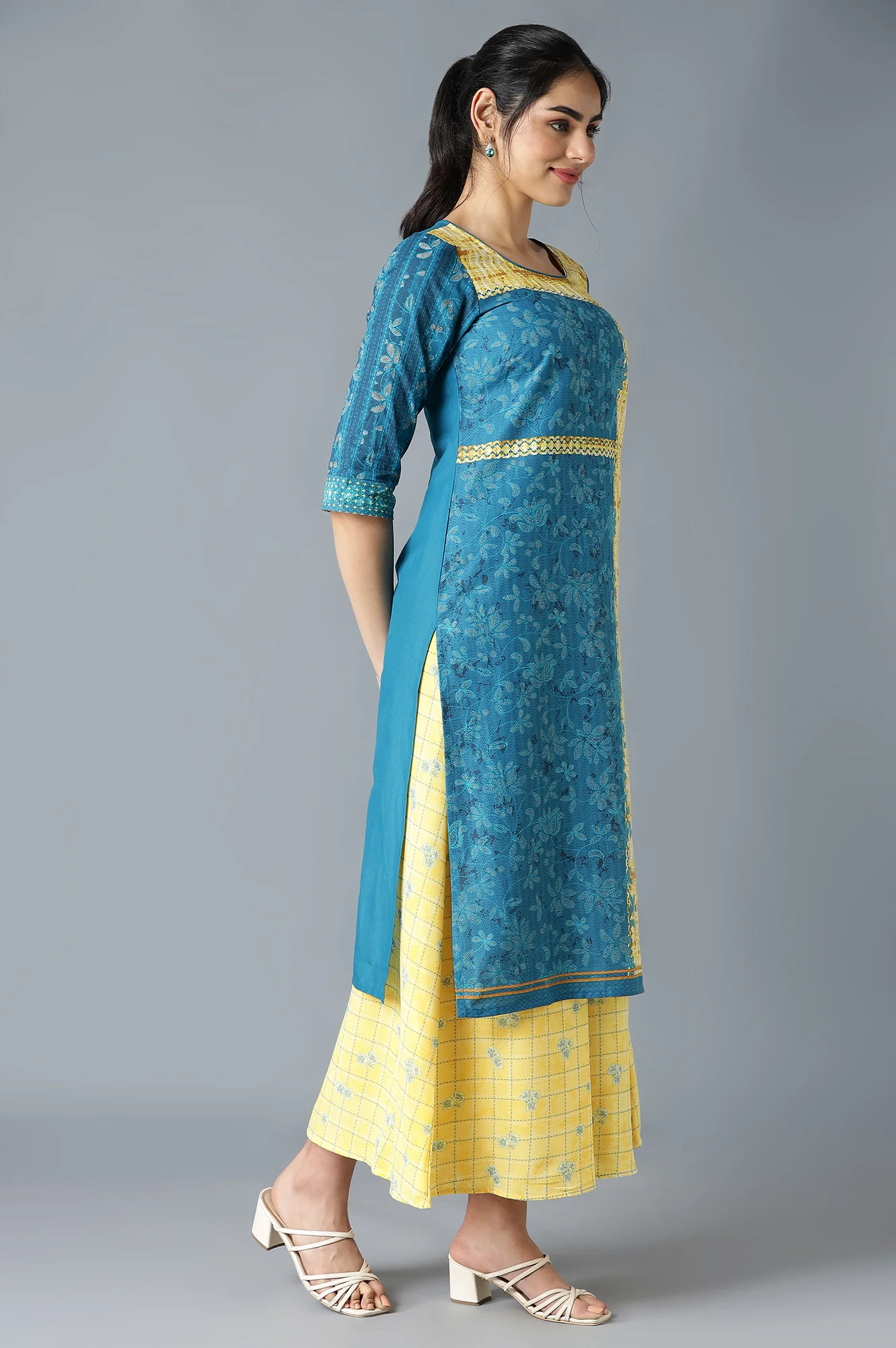 Blue and Yellow Printed Straight Kurta and Culottes Set - Image 4