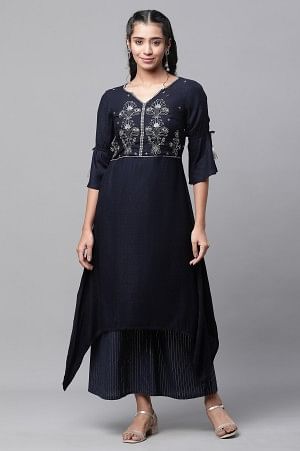 Blue Asymmetrical Embroidered Kurta and Palazzo Set - Image 2
