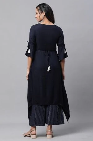 Blue Asymmetrical Embroidered Kurta and Palazzo Set - Image 4