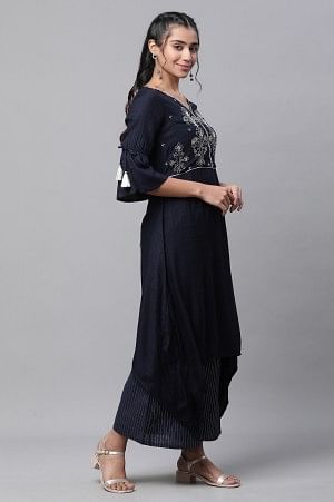 Blue Asymmetrical Embroidered Kurta and Palazzo Set - Image 5