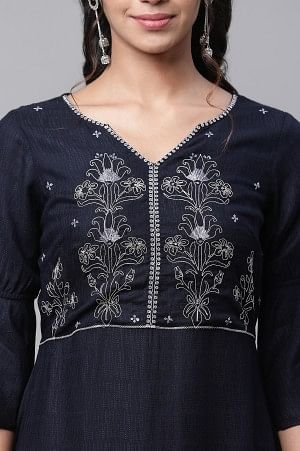 Blue Asymmetrical Embroidered Kurta and Palazzo Set - Image 6