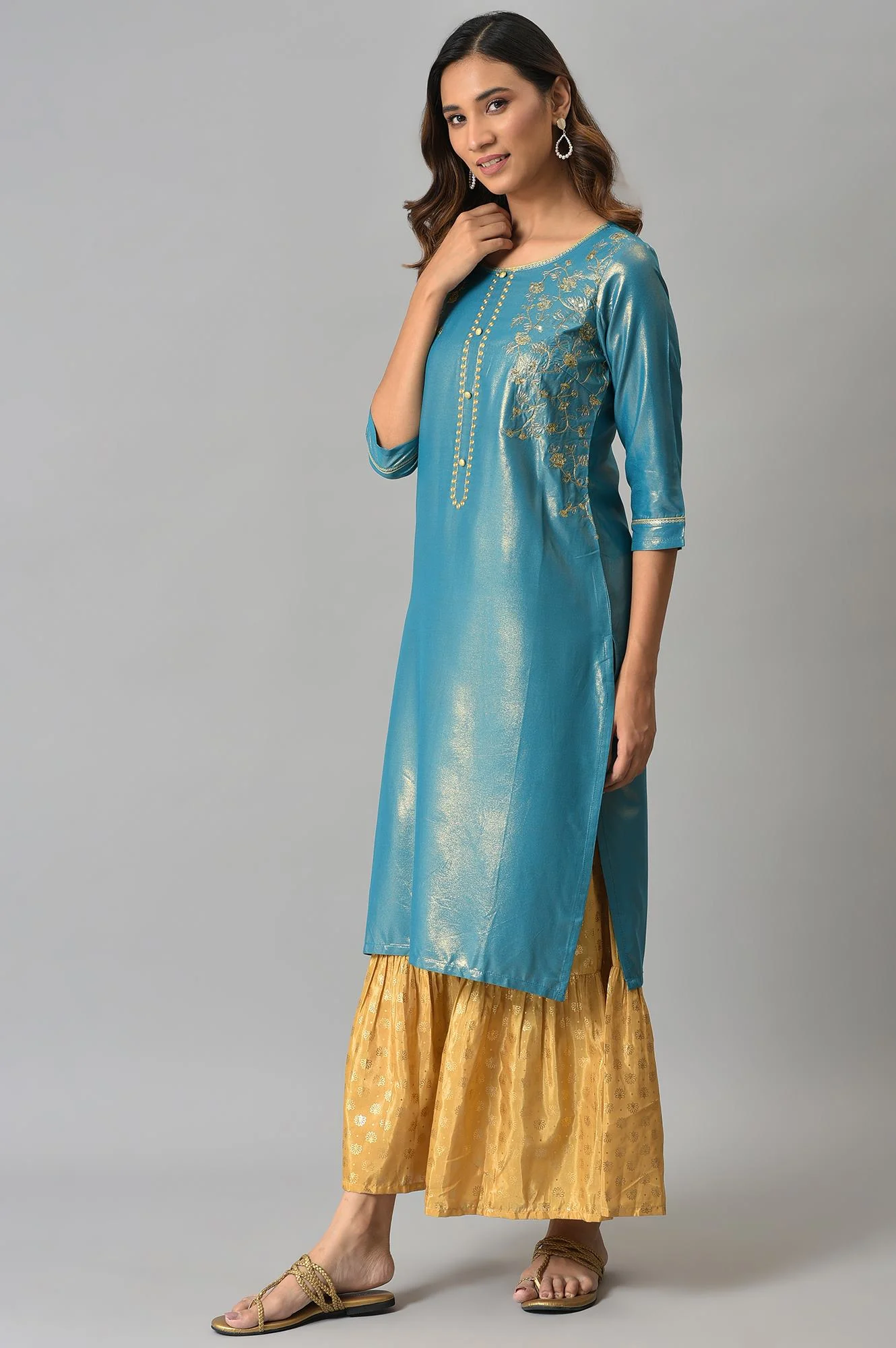 Blue Asymmetrical LIVA kurta with Zari Embroidery - Image 3