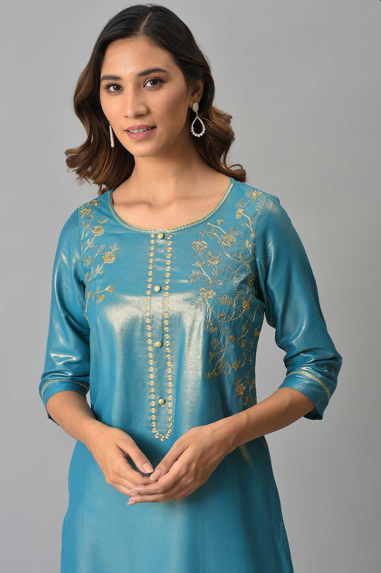 Blue Asymmetrical LIVA kurta with Zari Embroidery - Image 6
