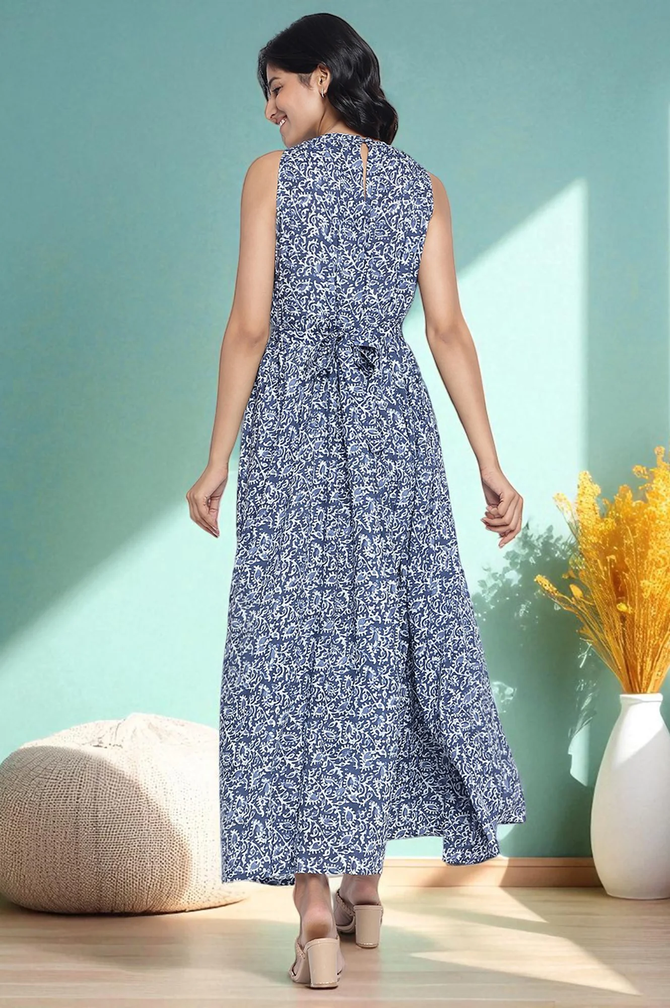 Blue Batik Printed Buttons Modal Flared Dress - Image 4