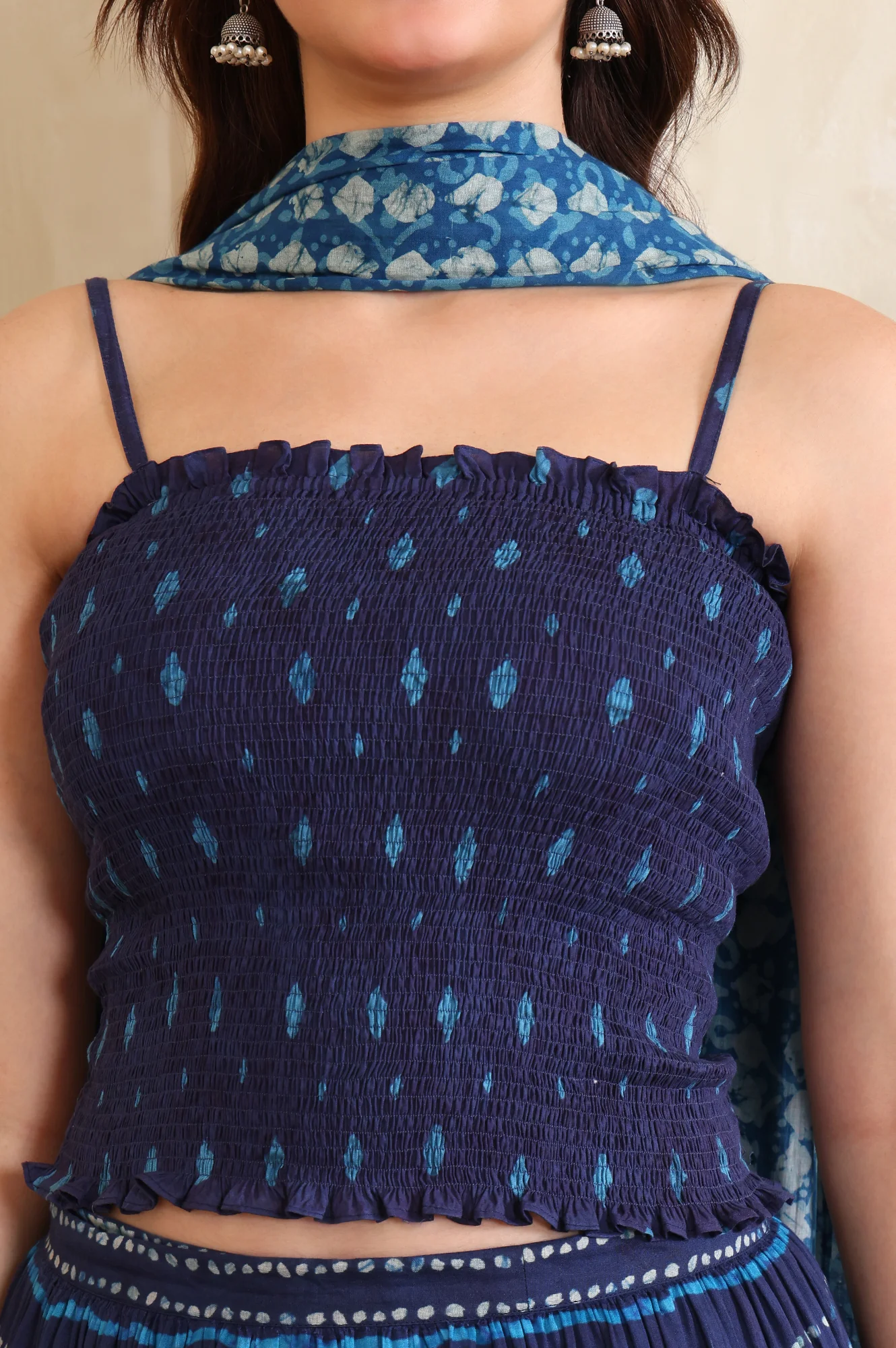 Blue Batik Printed Straight Pure Cotton Spaghetti Crop Top, Flared Skirt and Stole Set - Image 3