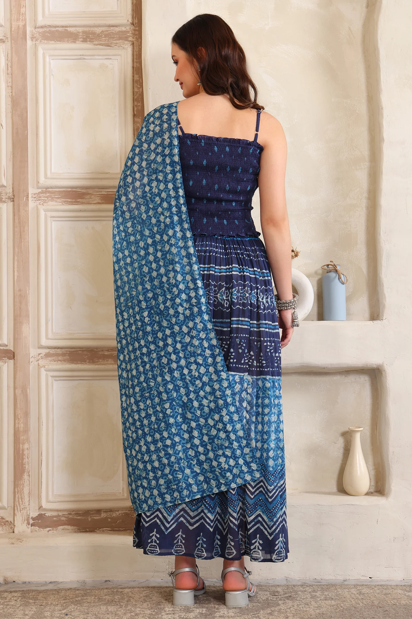 Blue Batik Printed Straight Pure Cotton Spaghetti Crop Top, Flared Skirt and Stole Set - Image 5