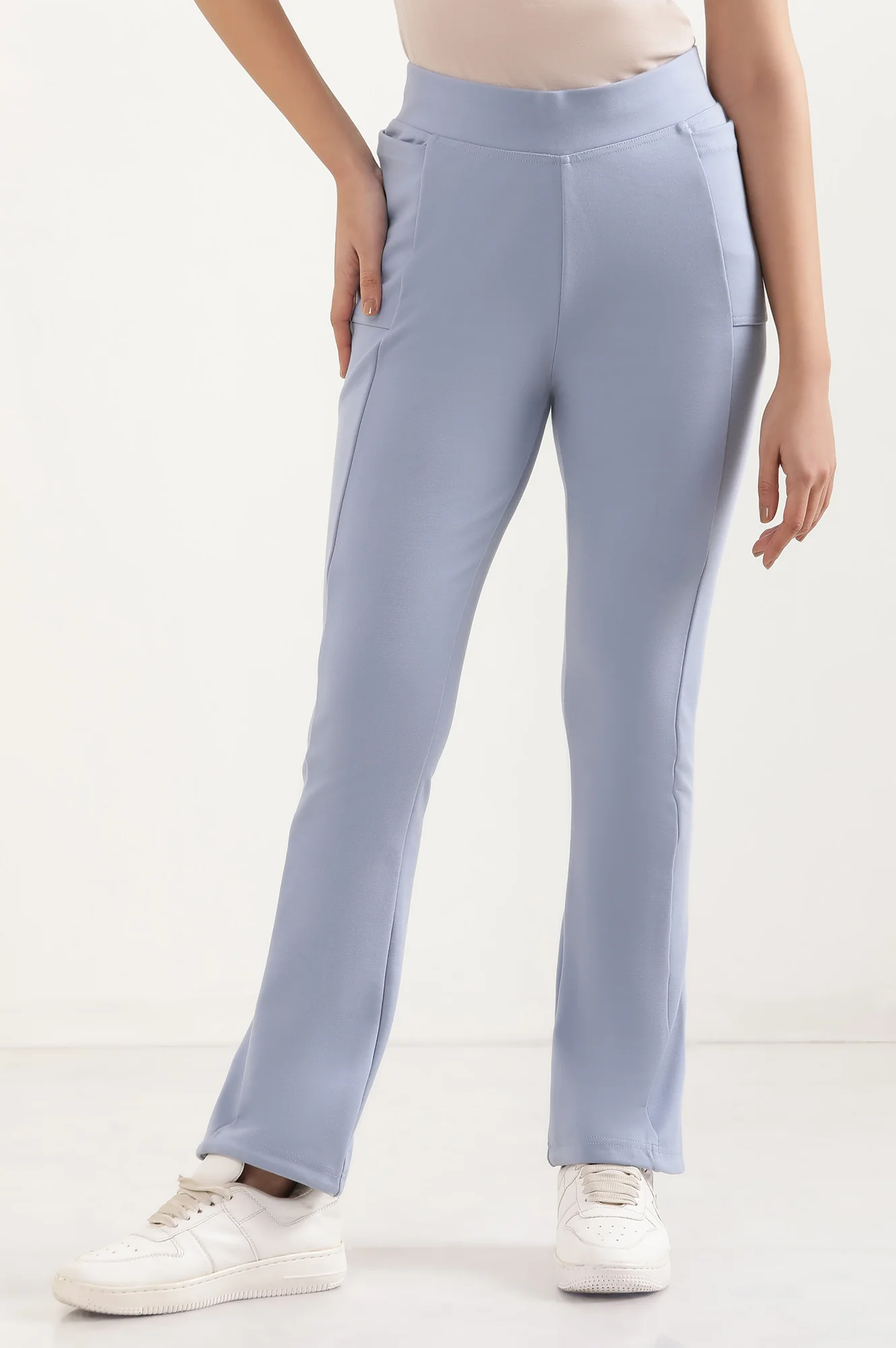 Blue Solid Flared Pants With Elasticated Waist - Image 2