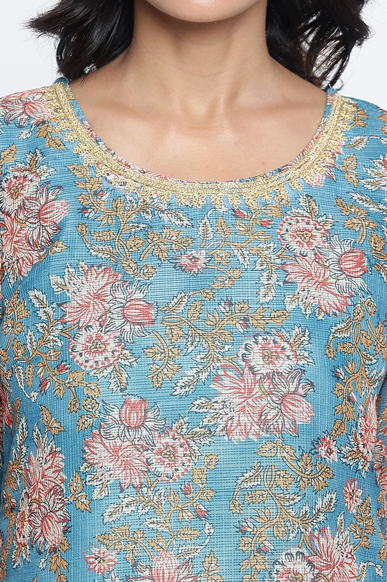 Blue Botanical Printed Dori Embroidery Straight Kota Kurta - Image 2