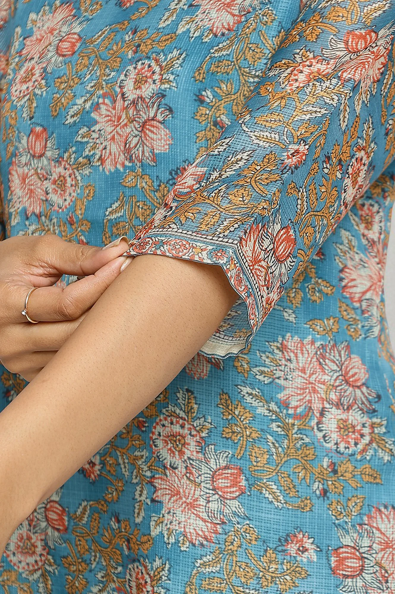 Blue Botanical Printed Dori Embroidery Straight Kota Kurta - Image 6