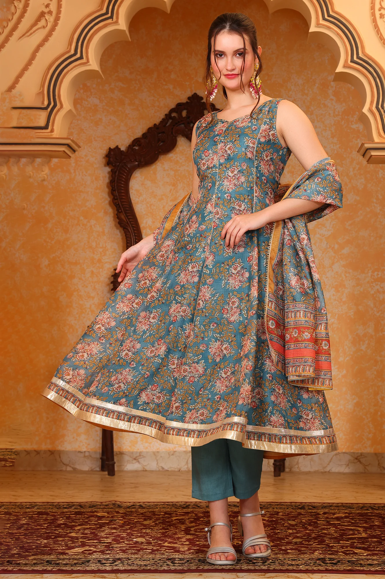Blue Botanical Printed Tape Embroidered Anarkali Kurta, Trouser and Dupatta Set - Image 2