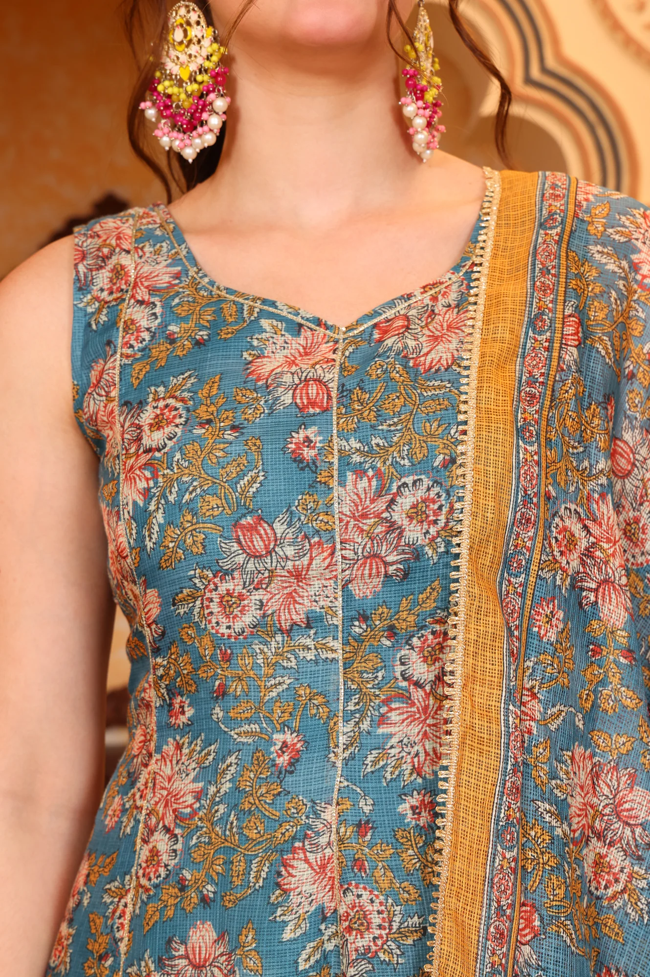Blue Botanical Printed Tape Embroidered Anarkali Kurta, Trouser and Dupatta Set - Image 3