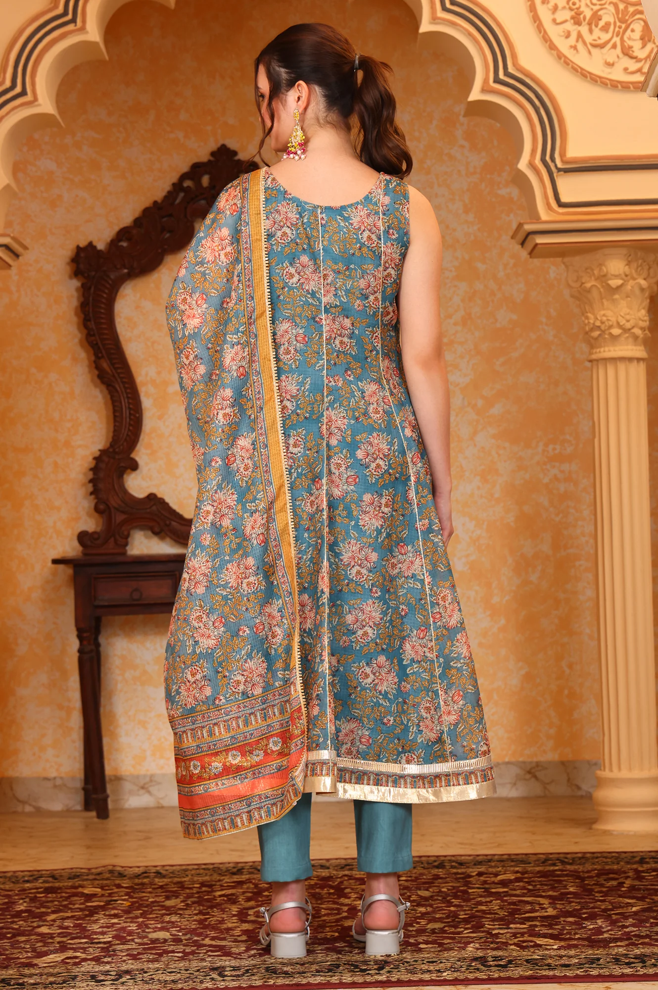 Blue Botanical Printed Tape Embroidered Anarkali Kurta, Trouser and Dupatta Set - Image 5