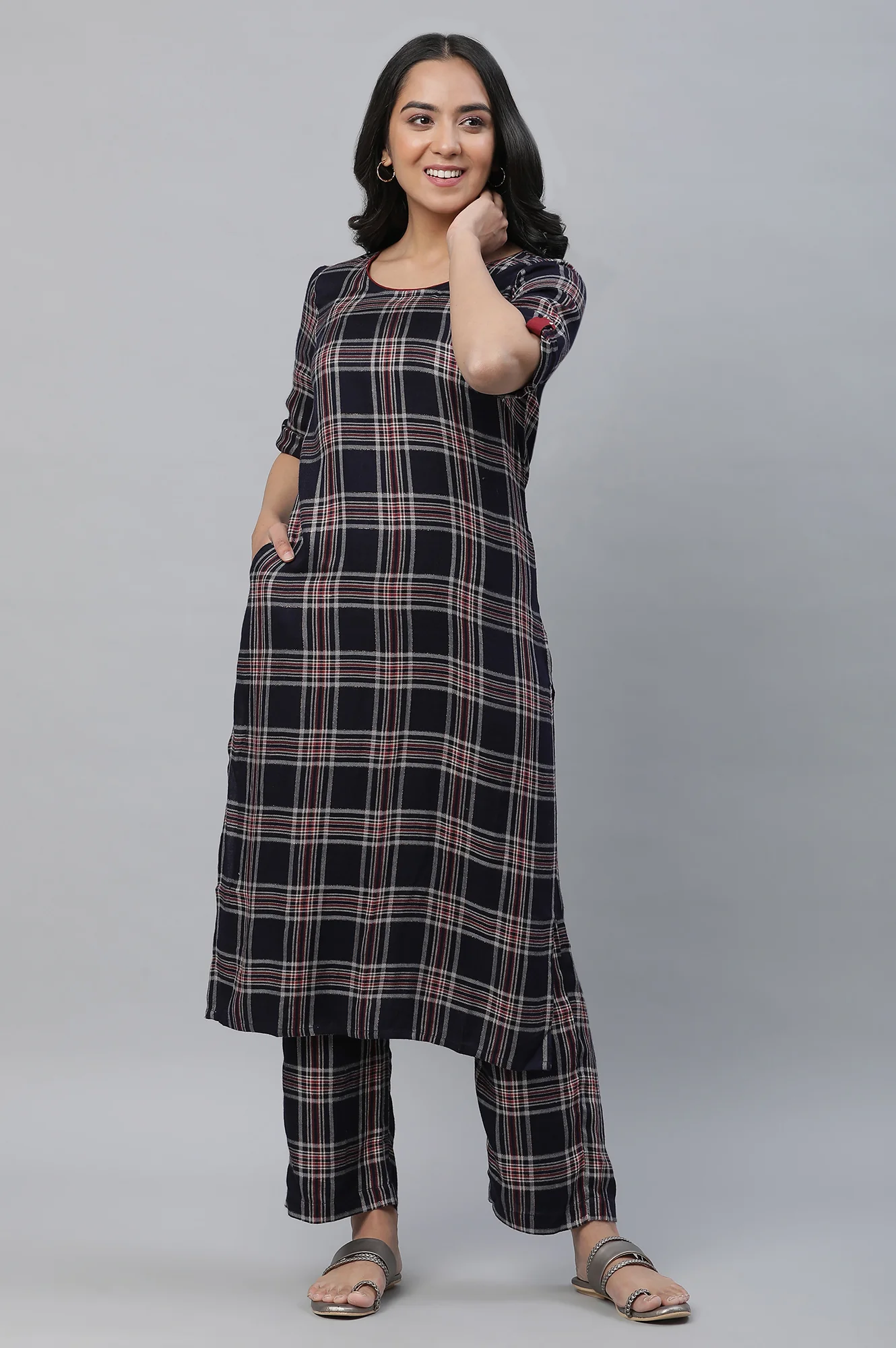 Blue Checker Kurta & Narrow Palazzo Co-ord Set - Image 2