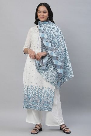 Blue Cotton Mulmul Printed Stole - Image 2