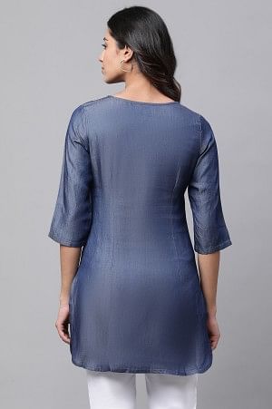 Blue Denim Embroidered Short Kurti - Image 3