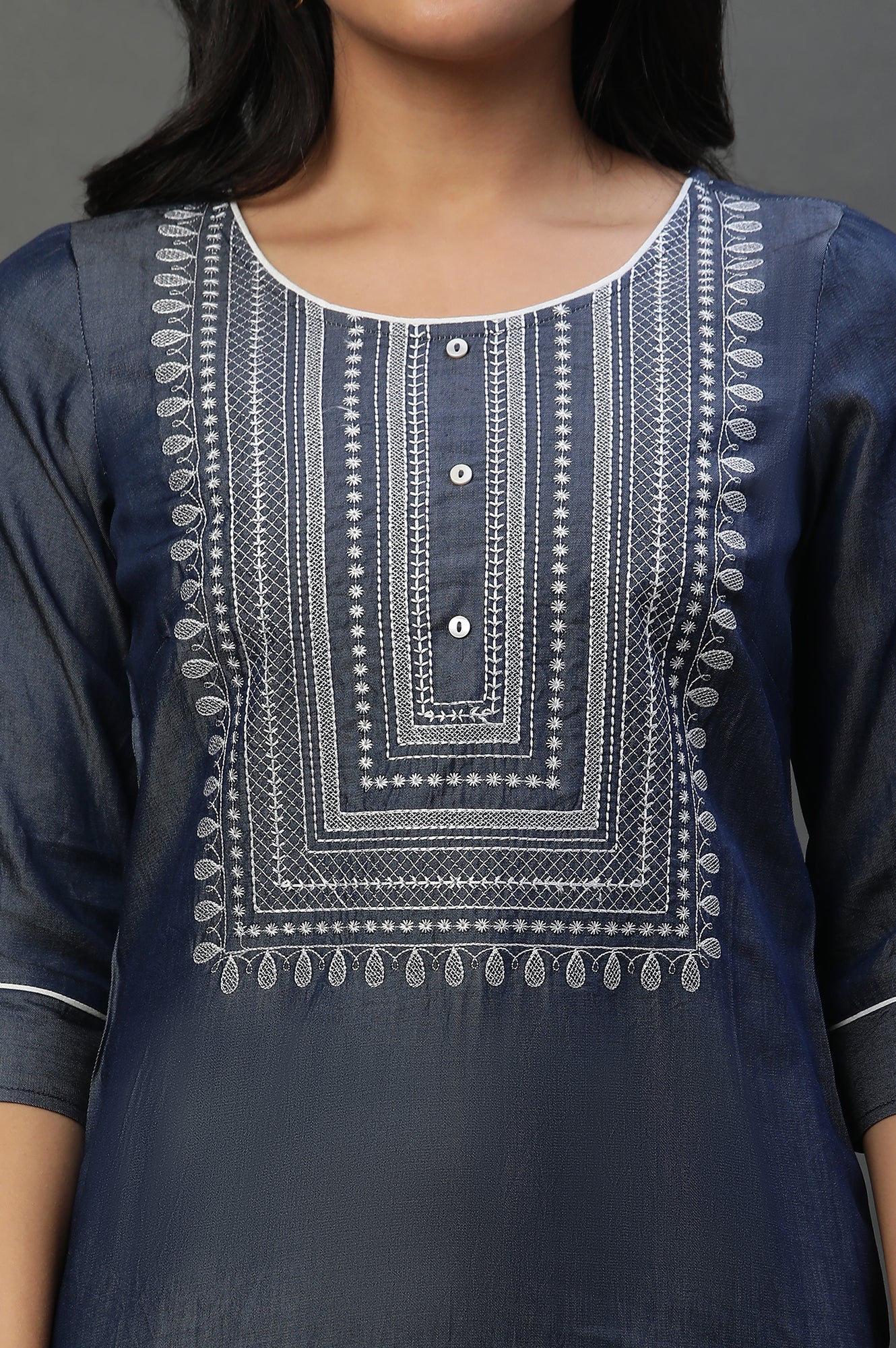 Blue Denim Embroidered Yoke Kurta - Image 7
