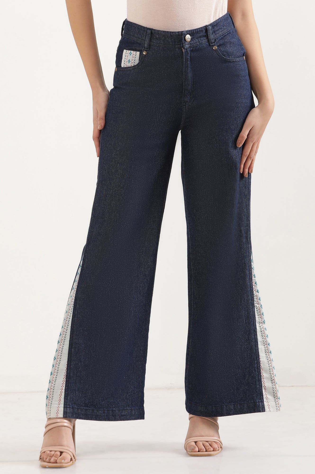 Blue Solid Flared Denim Palazzo With Printed Side Inserts - Image 2