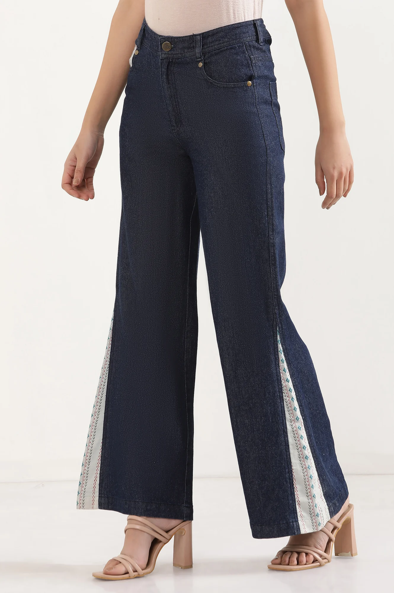 Blue Solid Flared Denim Palazzo With Printed Side Inserts - Image 3