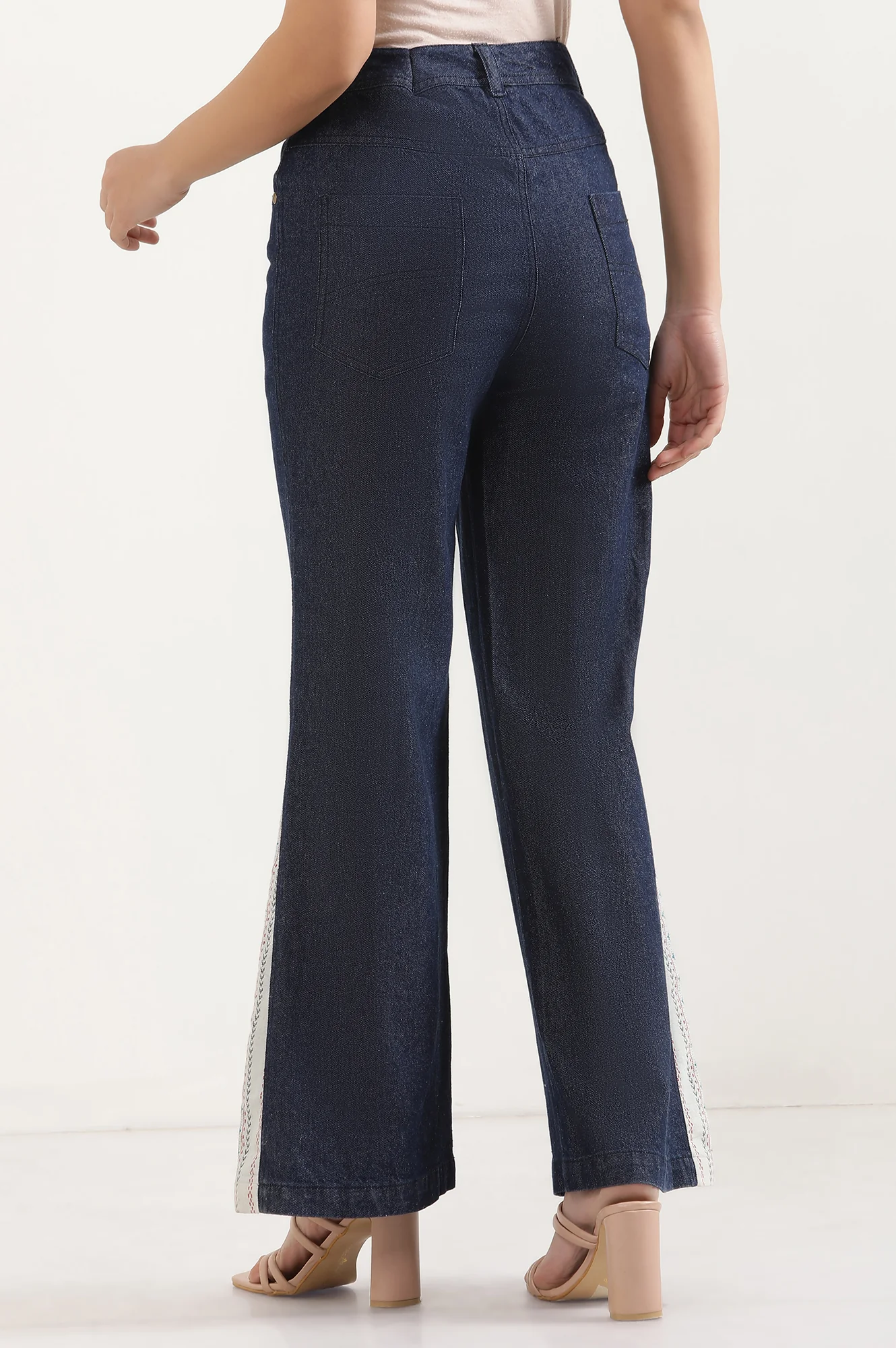 Blue Solid Flared Denim Palazzo With Printed Side Inserts - Image 4